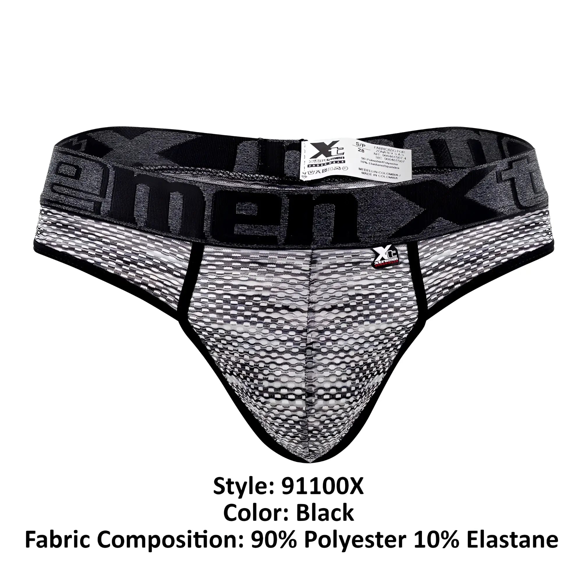 Black xtremen 91100x microfiber mesh thongs with textured fabric and bold xtreme waistband branding