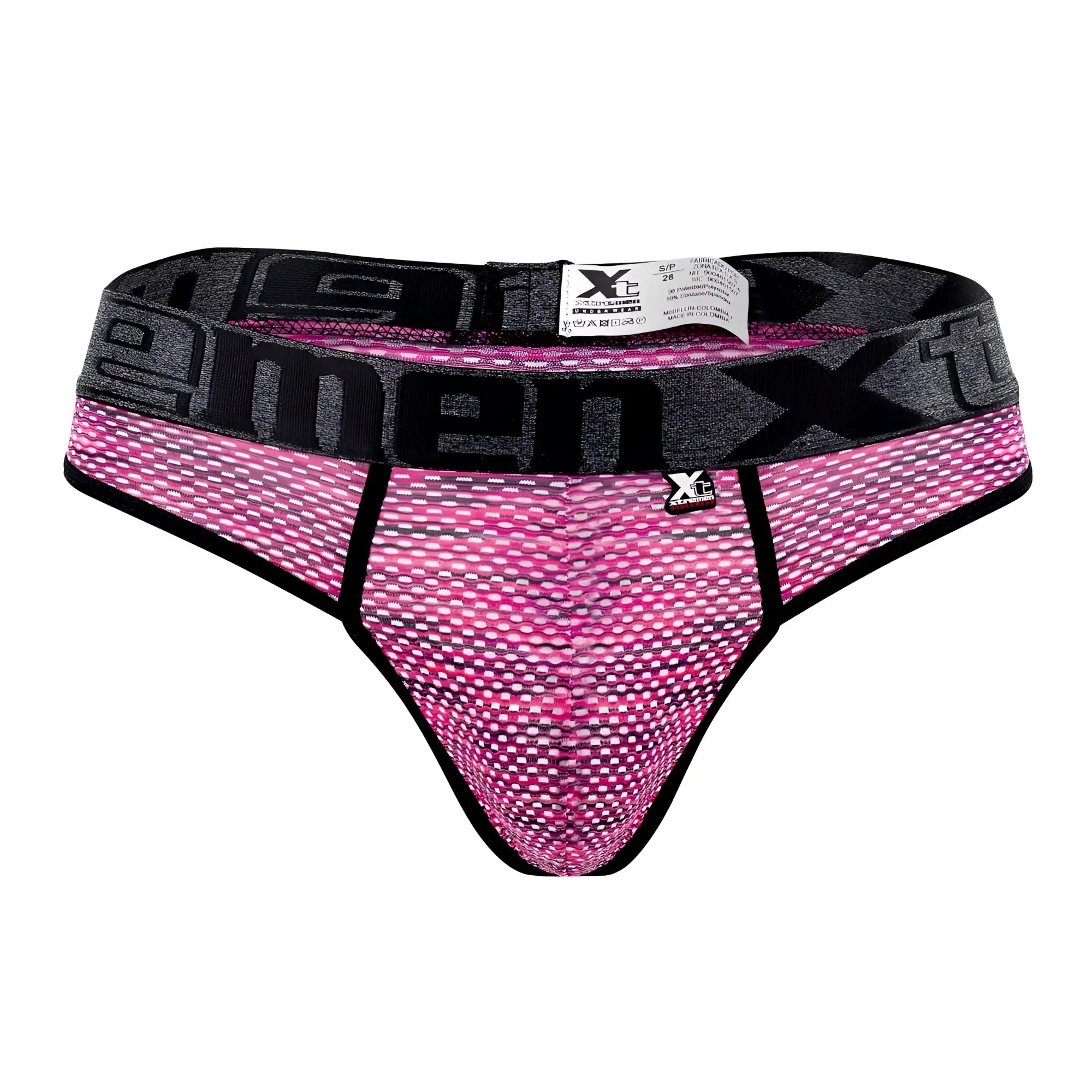 Pink and black microfiber mesh men’s thong with branded waistband xtremen 91100x for comfortable wear