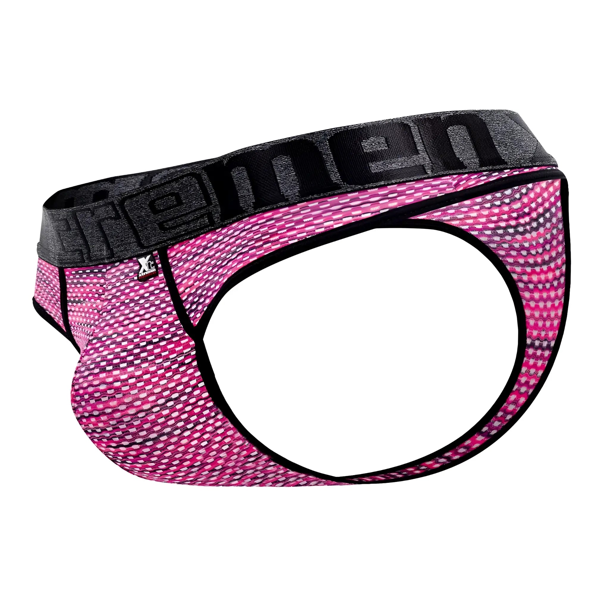 Pink and black patterned xtremen 91100x microfiber mesh thongs with textured design and branded waistband