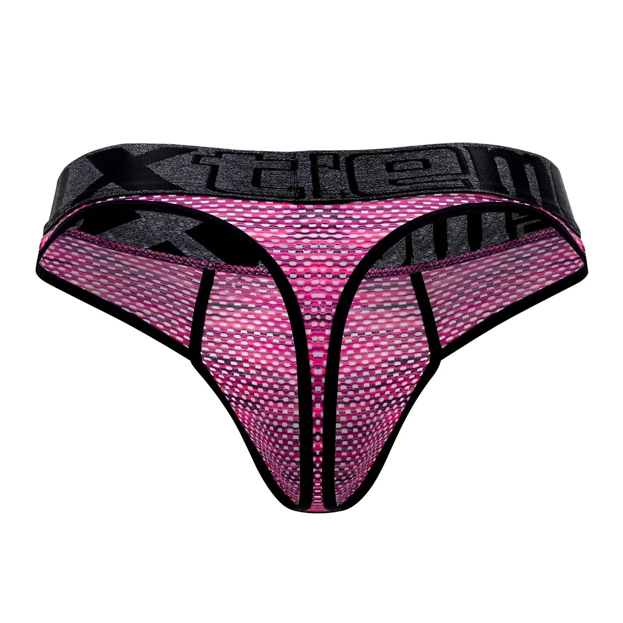 Pink and black microfiber mesh thong with textured pattern and xtreme brand name on waistband shown from the back side