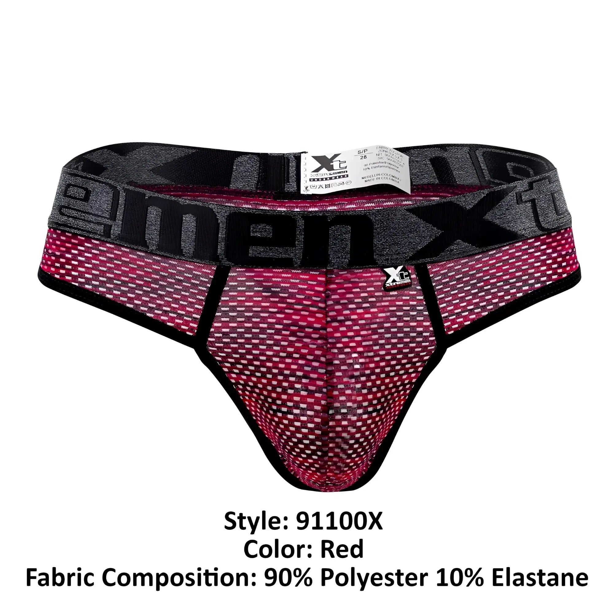 Xtremen 91100x red microfiber mesh men’s briefs with black and gray waistband featuring xtreme logo