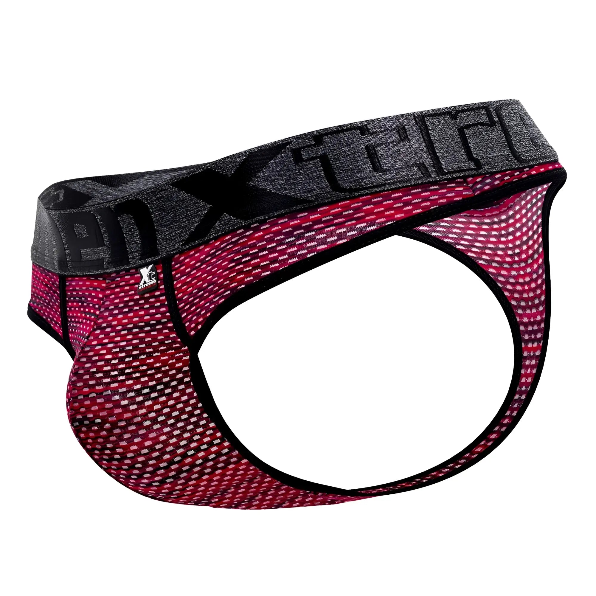A men’s boxterry brief in red microfiber mesh with black and gray waistband and white geometric patterns