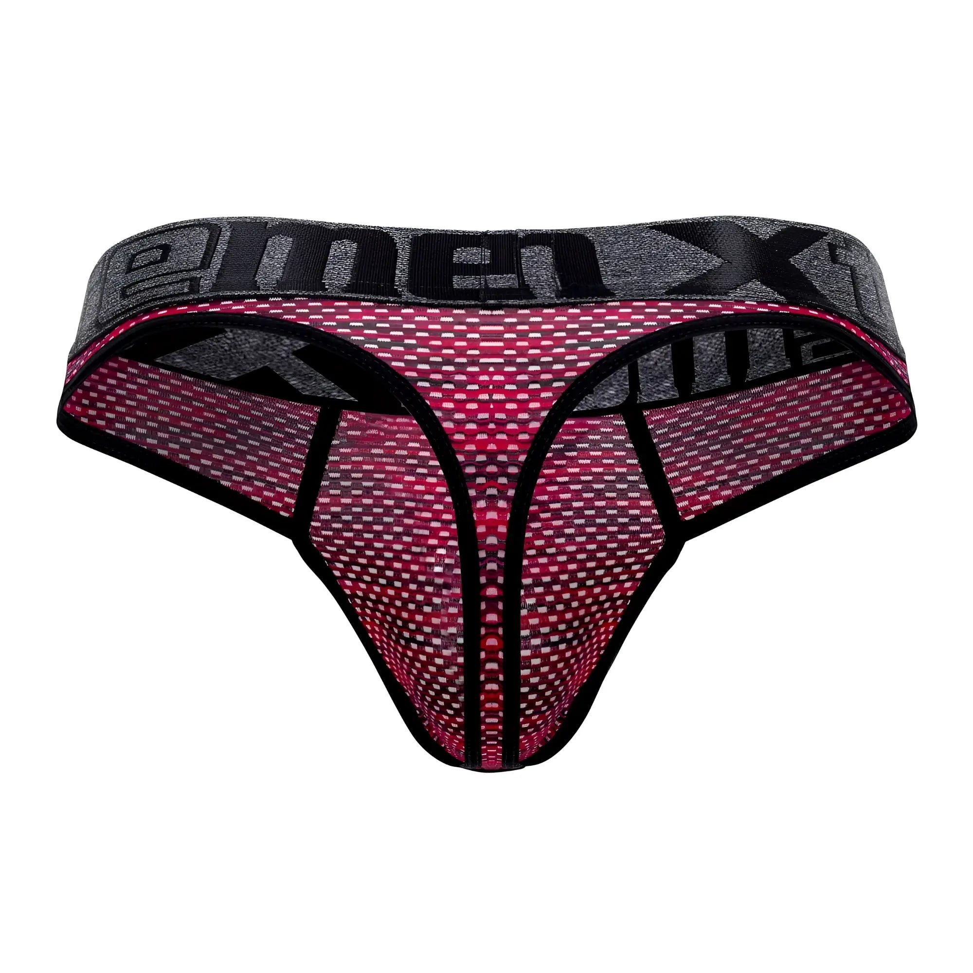Pink and gray microfiber mesh thong with black trim and menx branding on waistband from xtremen 91100x collection