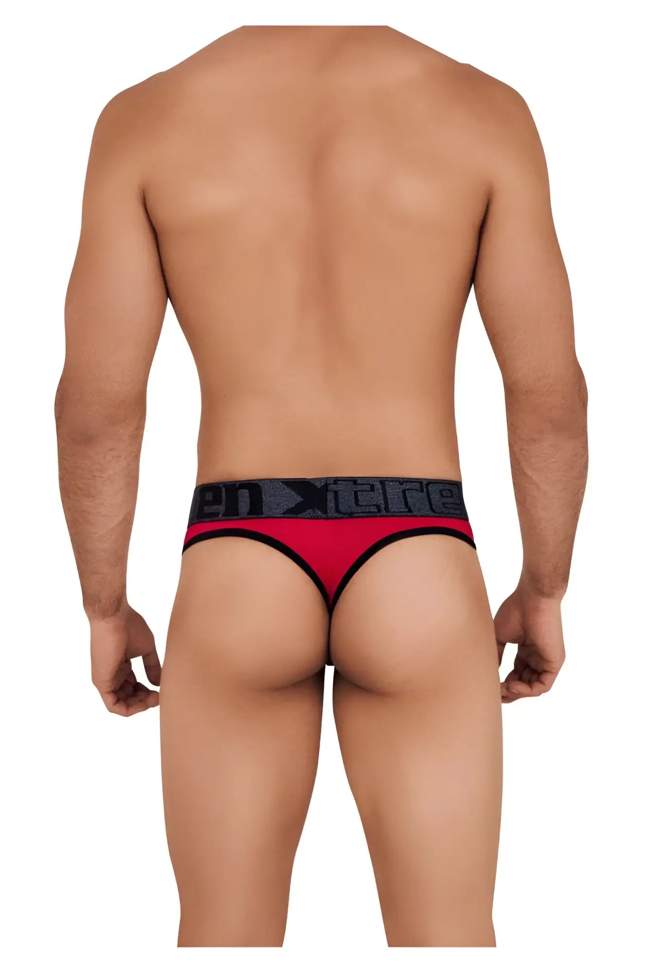 Red and black xtremen 91101 microfiber thongs with bold xtreme logo on waistband showing front side