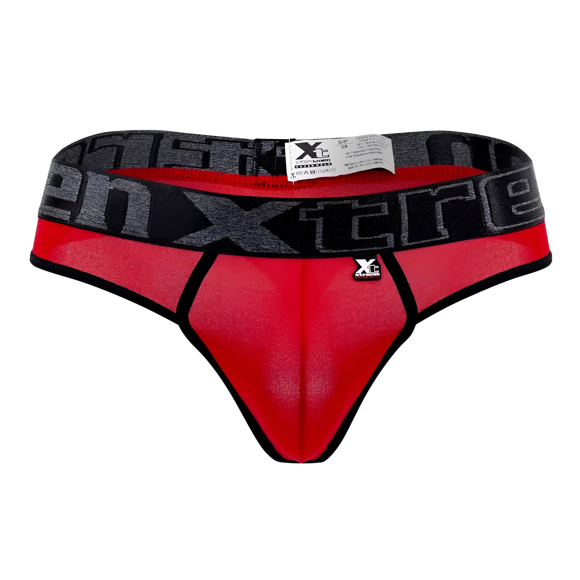 Red and black xc extreme microfiber thong with mesh front panel and elastic waistband featuring gray xc logo