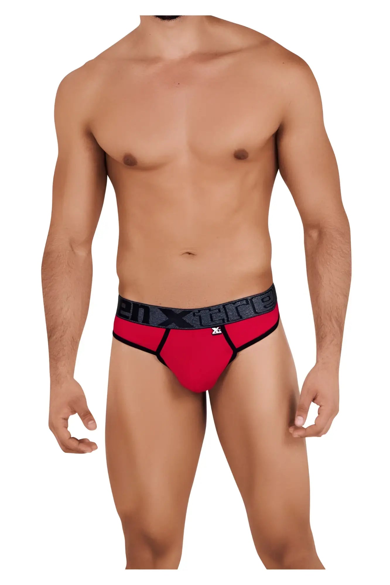 Red xtremen 91101 microfiber men’s briefs with a black elastic waistband and white xtreme logo