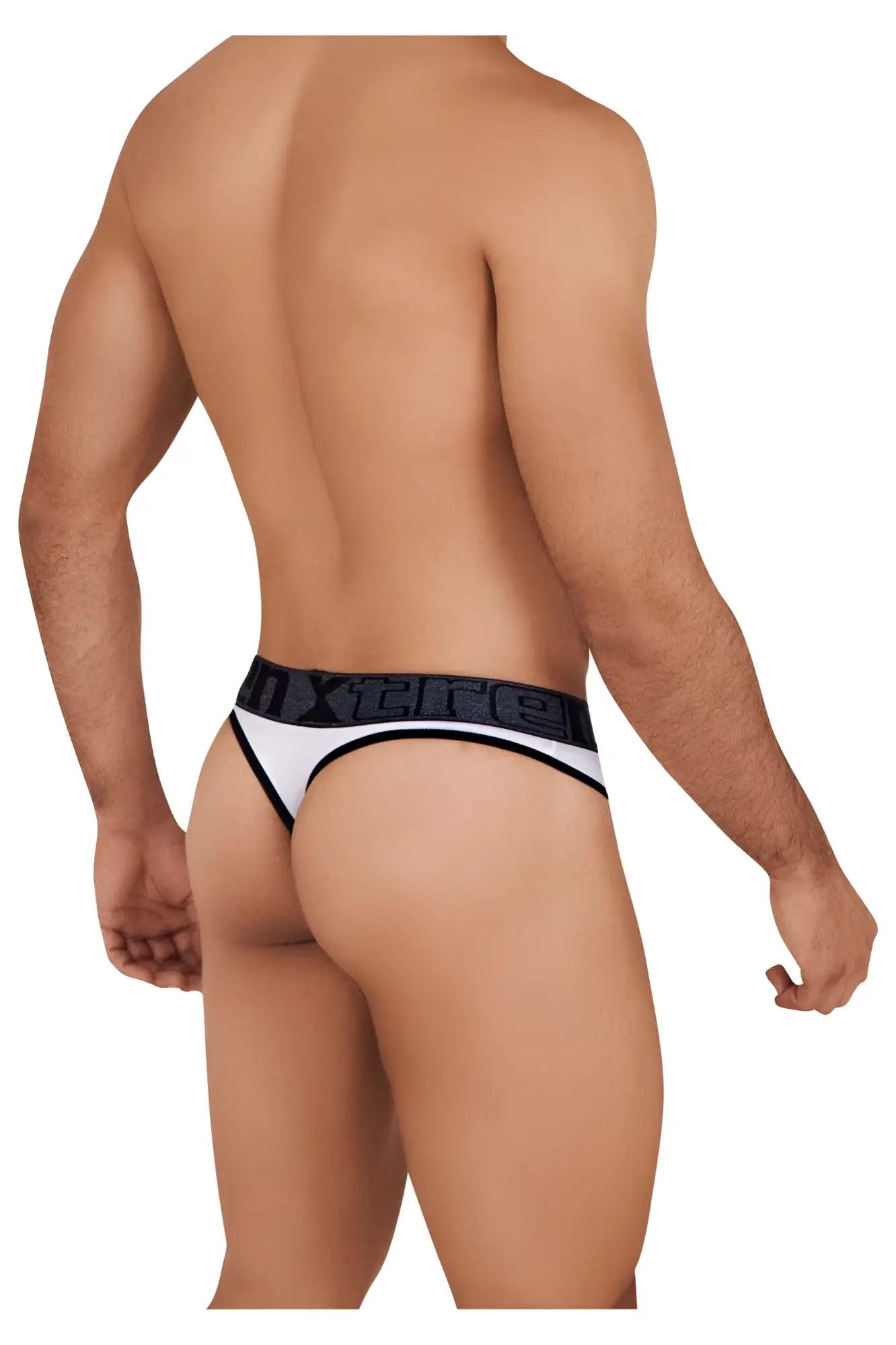 White and black microfiber thong with bold dark gray xtreme logo band on waistband from Xtremen 91101 collection