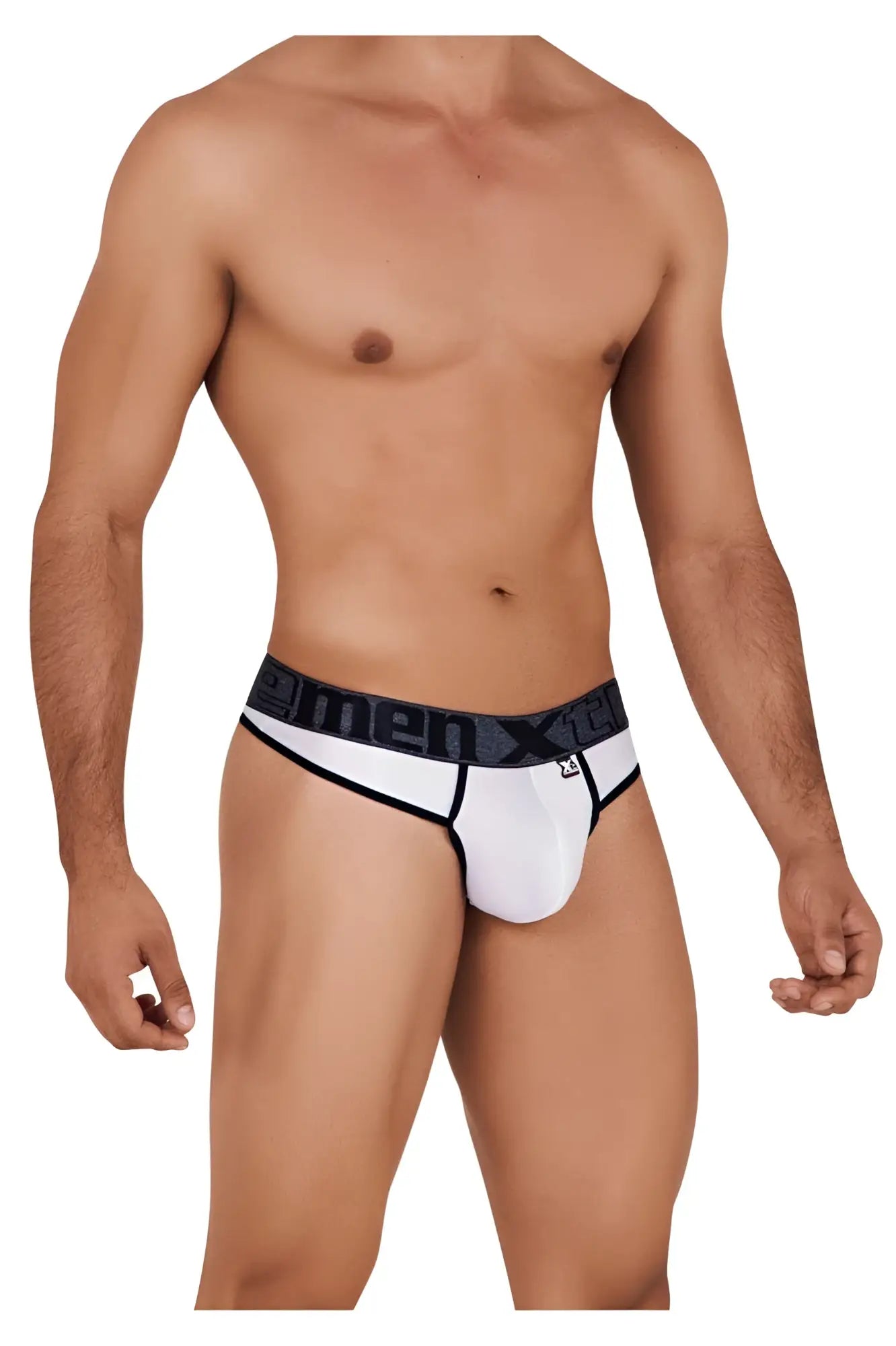 White xtremen 91101 microfiber menx briefs with black elastic waistband featuring gray logo on front side