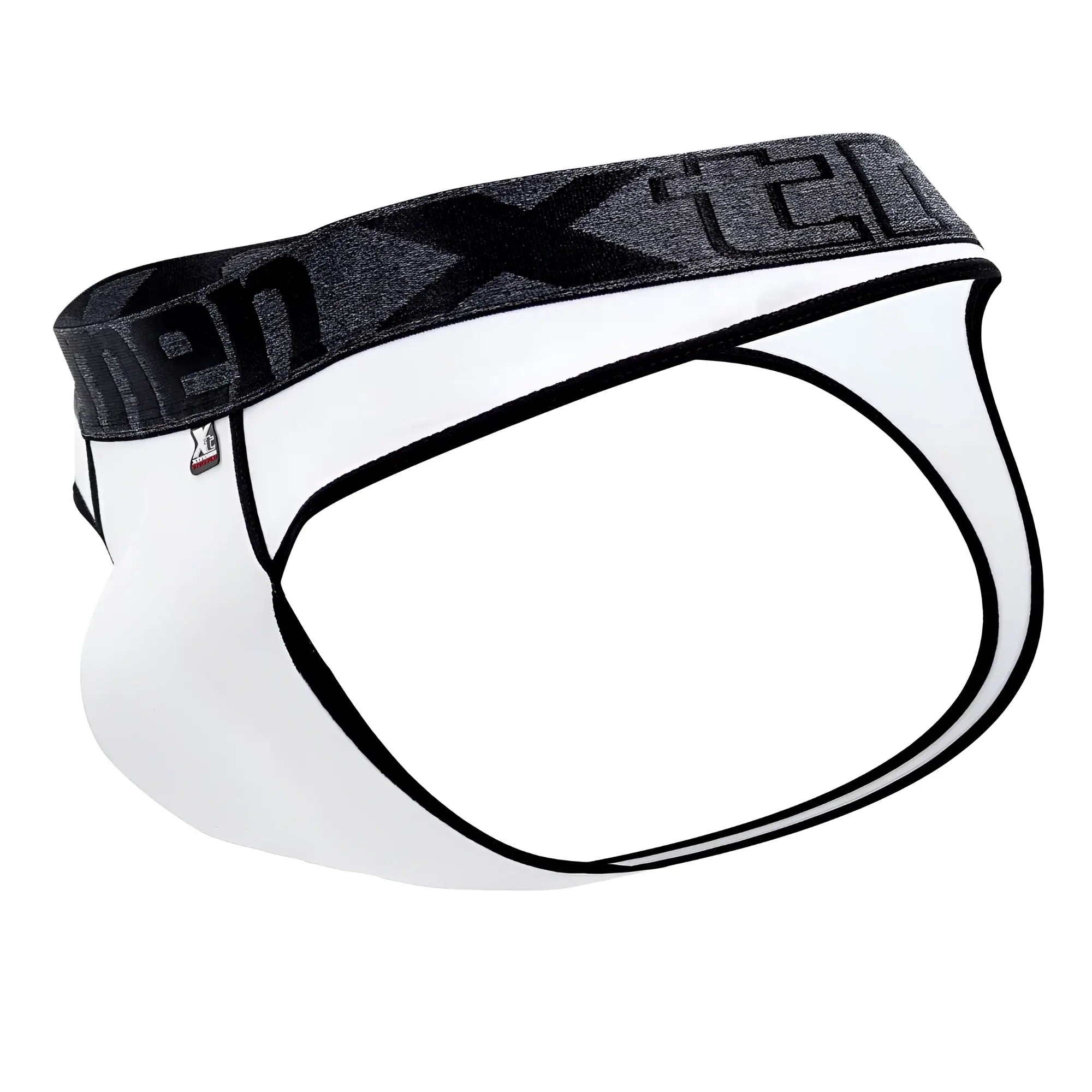 White xtremen 91101 microfiber thongs with a black and gray xtreme logo waistband for men