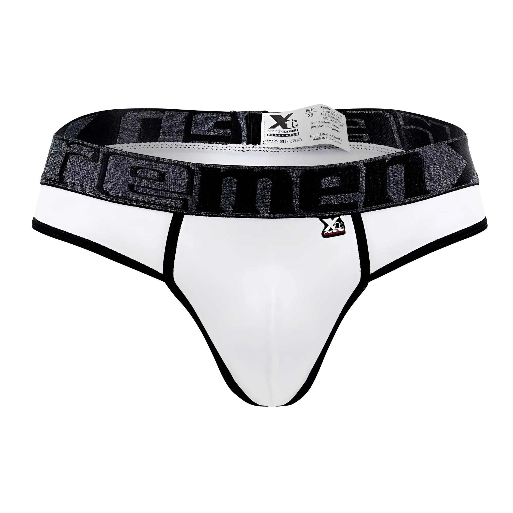 White xtremen 91101 microfiber thongs with black trim and gray branded waistband for men