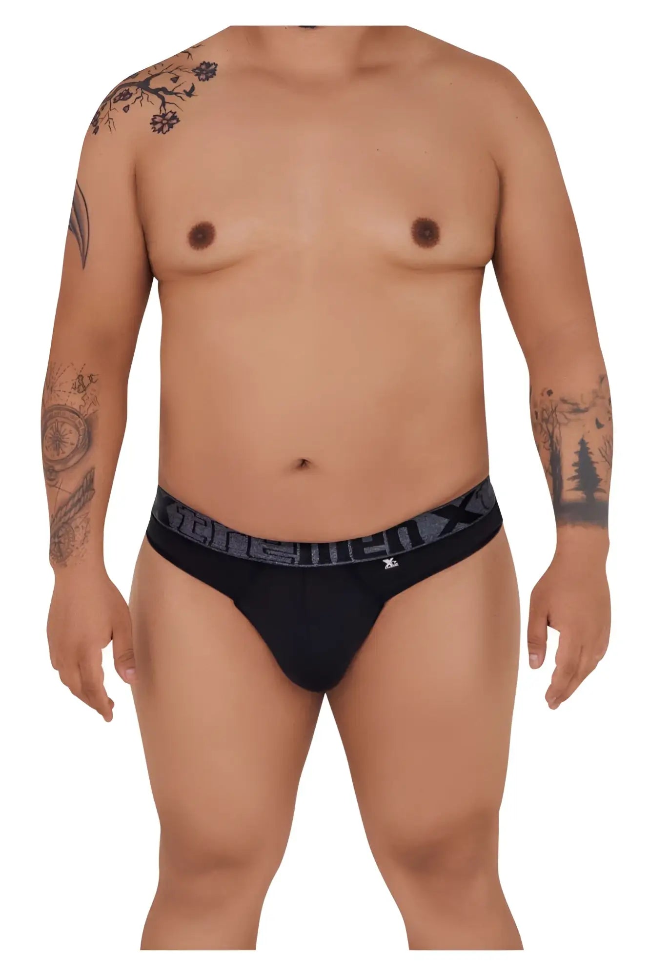 Black men’s briefs with gray patterned waistband featuring menx logo size xl microfiber xtremen 91101x thong