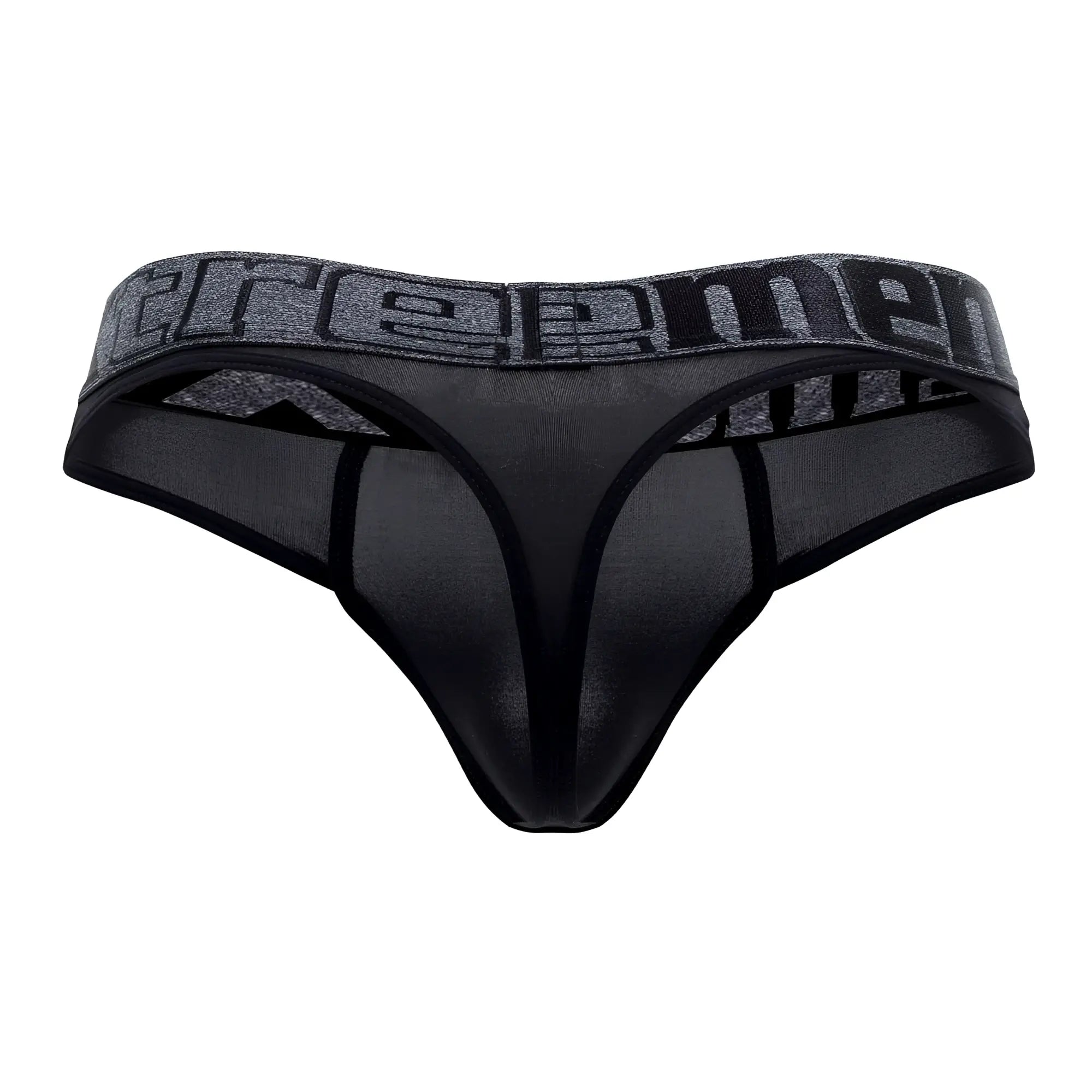Black Xtremen 91101X microfiber thong with mesh fabric and gray textured waistband featuring reem logo in black letters