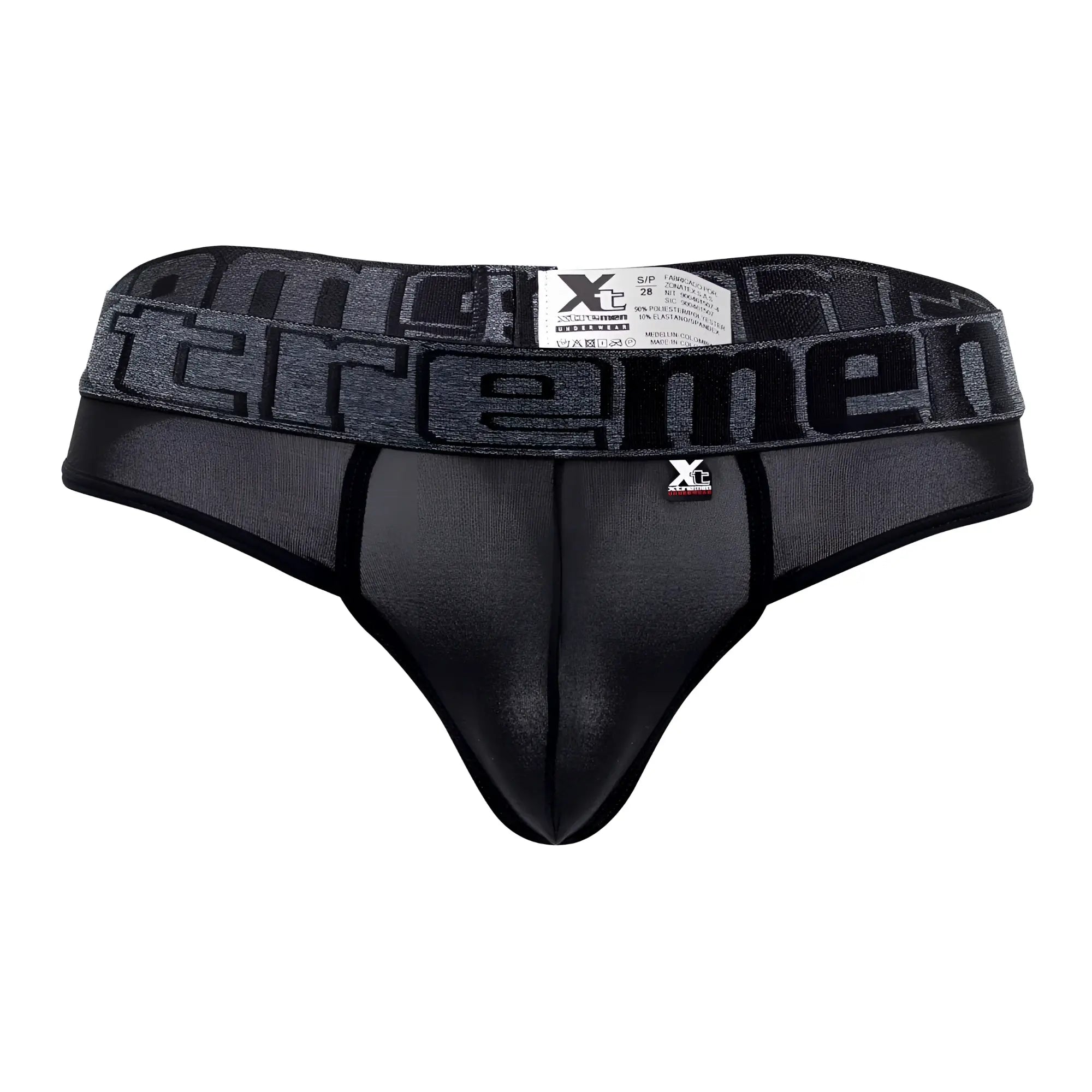 Black xtremen 91101x men’s microfiber thong with textured waistband featuring bold repeating brand name