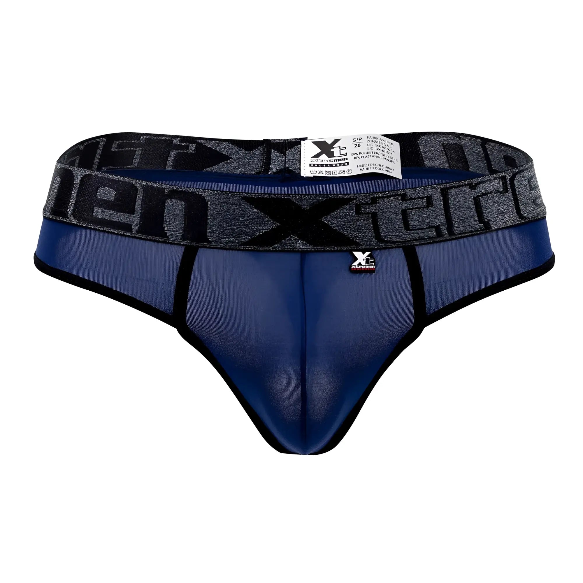 Blue mesh microfiber men’s briefs with gray elastic waistband and black xtreme lettering in xl size from xtremen 91101x