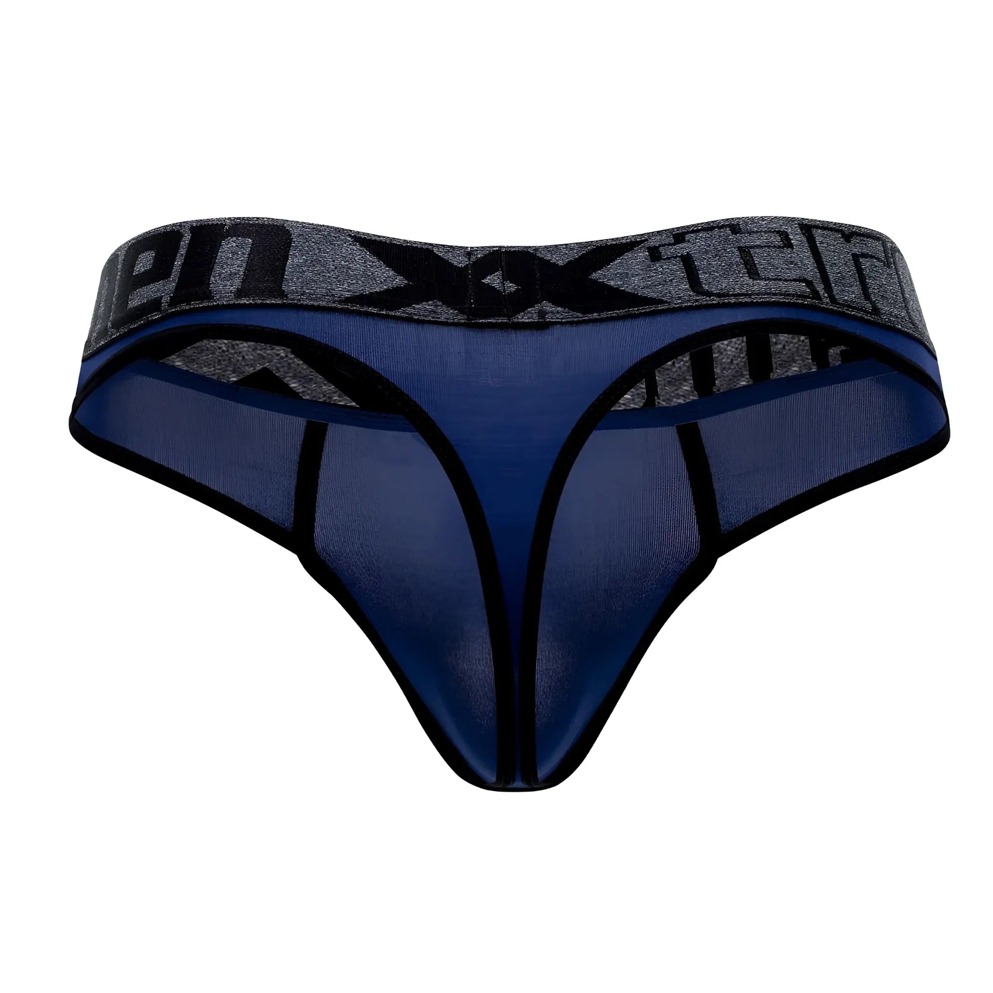 Blue Xtremen 91101X microfiber thong with dark blue mesh and gray black branded waistband shown from the back