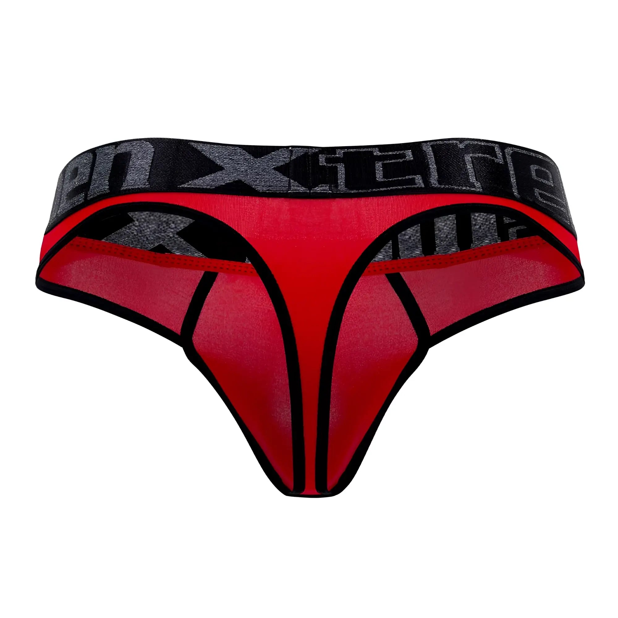 Red and black mesh microfiber thong with gray patterned waistband featuring the x-te logo in Xtremen 91101X series