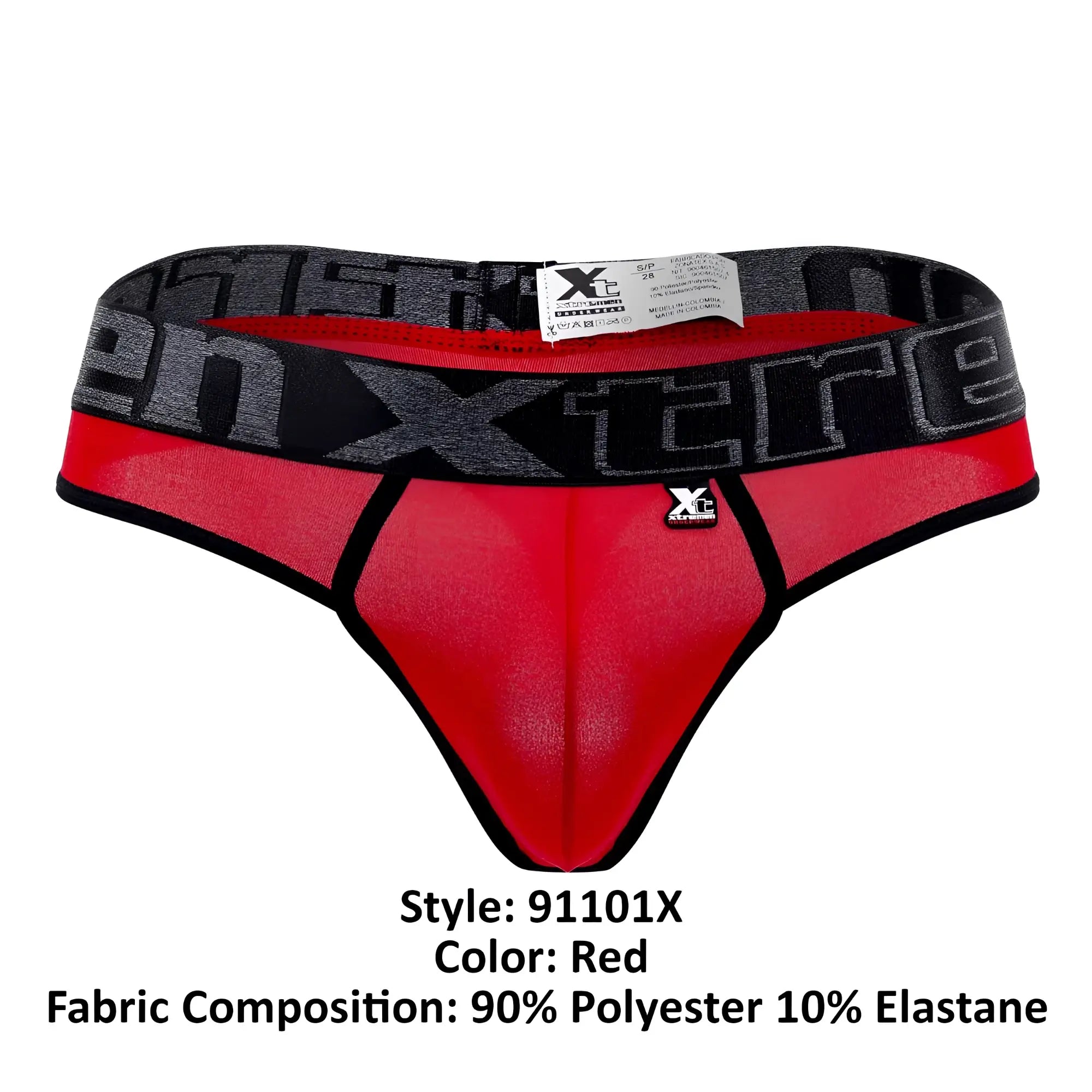 Red xtremen 91101x microfiber thong with black and gray patterned waistband shown from the back side