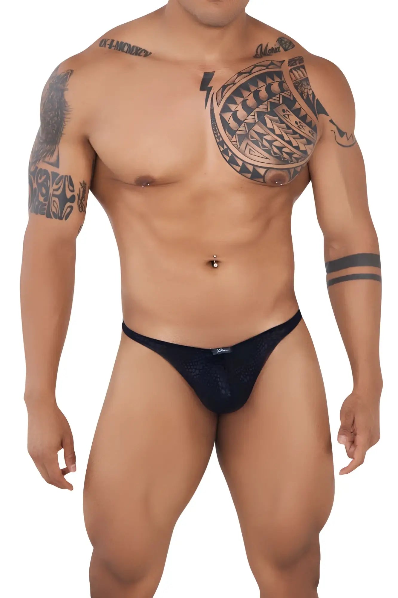 Black xtremen 91120 lace thongs featuring black mesh briefs with a subtle pattern and a small front brand logo
