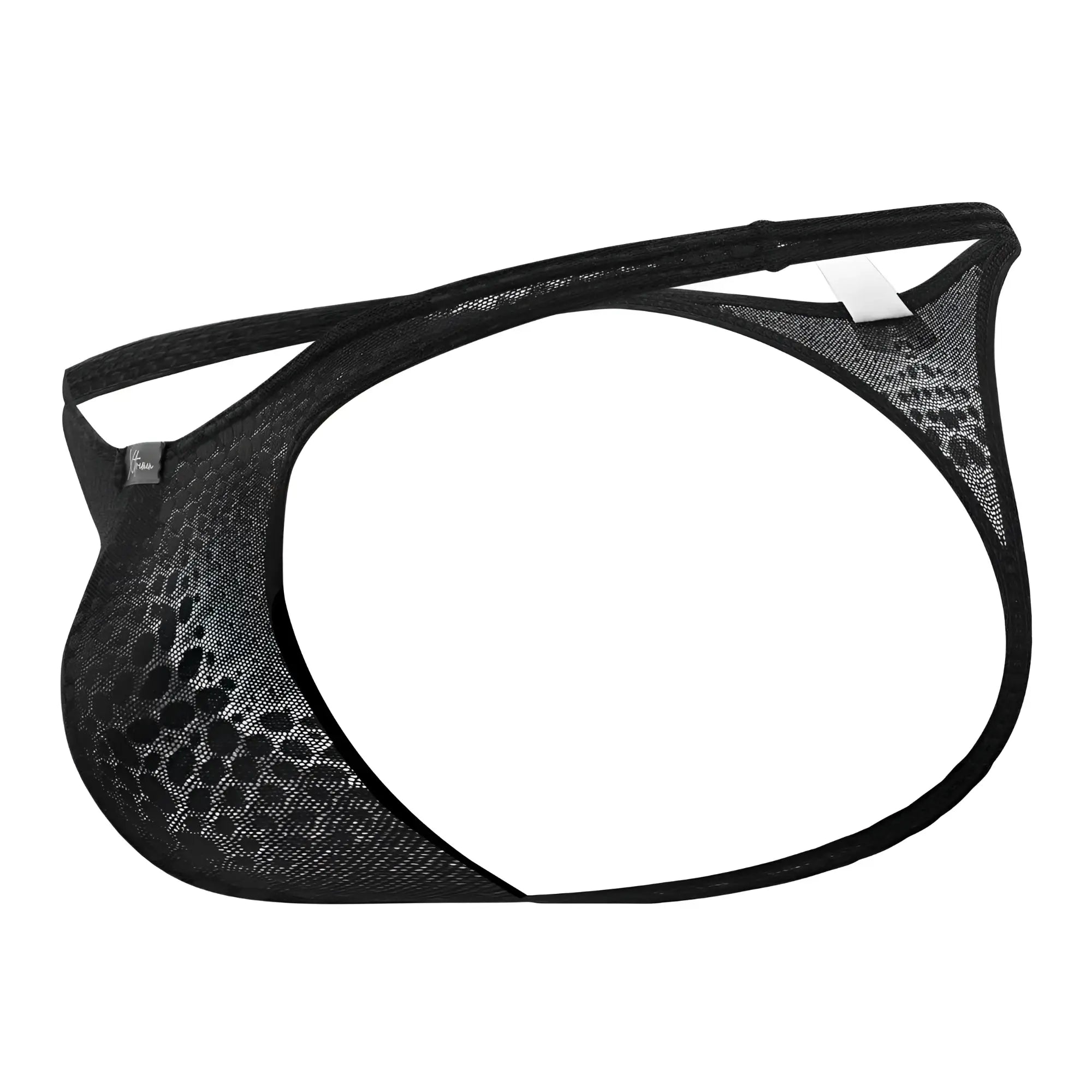 Black xtremen 91120 lace thong with subtle leopard print mesh and reinforced elastic straps front view