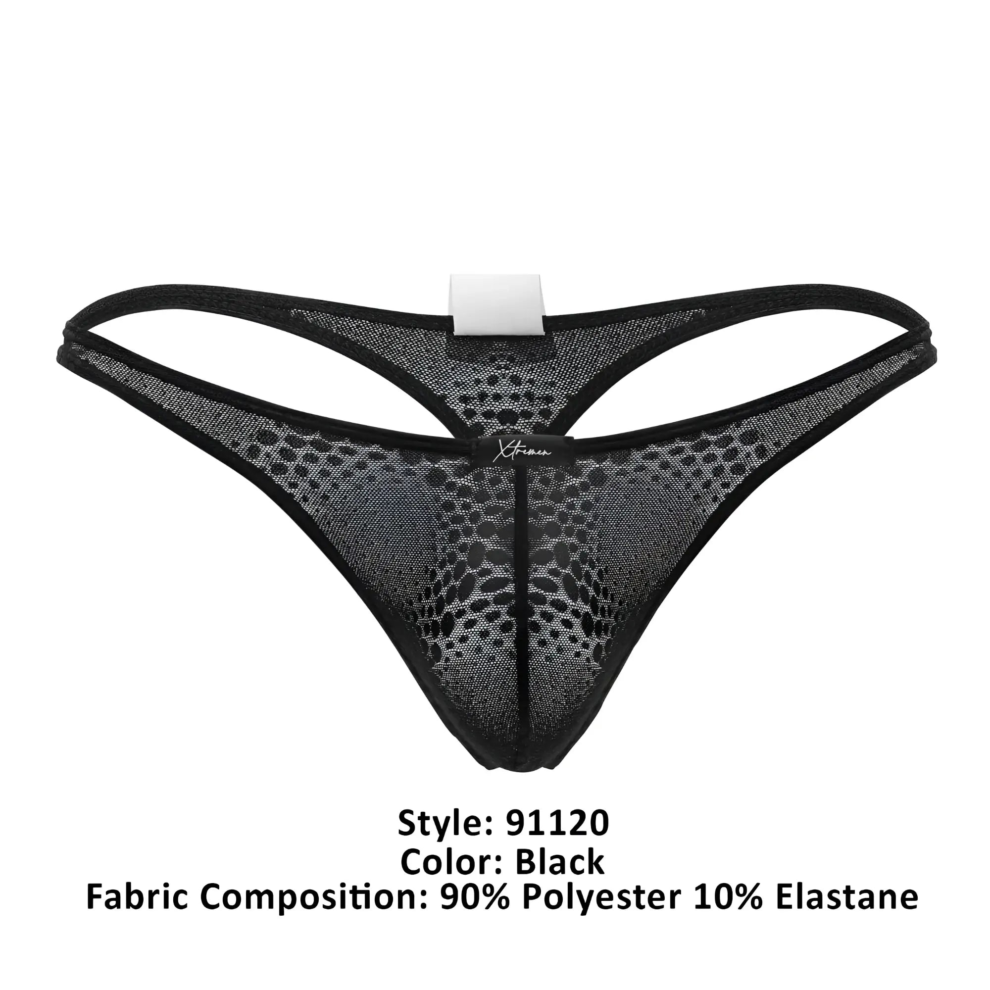 Black xtremen 91120 lace thong featuring subtle mesh pattern and reinforced edges shown from the back side