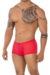 Bright red sheer mesh men’s briefs xtremen 91127 trunks with a small blue brand tag on the waistband