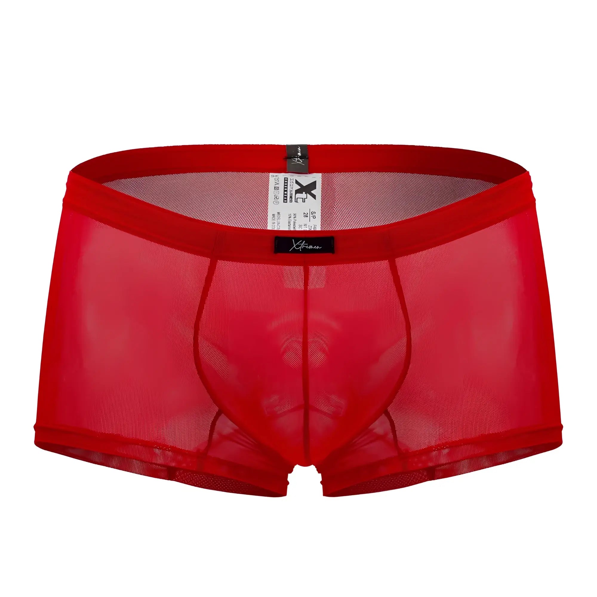 Xtremen 91127 mesh trunks in red are sheer men’s briefs with a solid red waistband and black brand tag