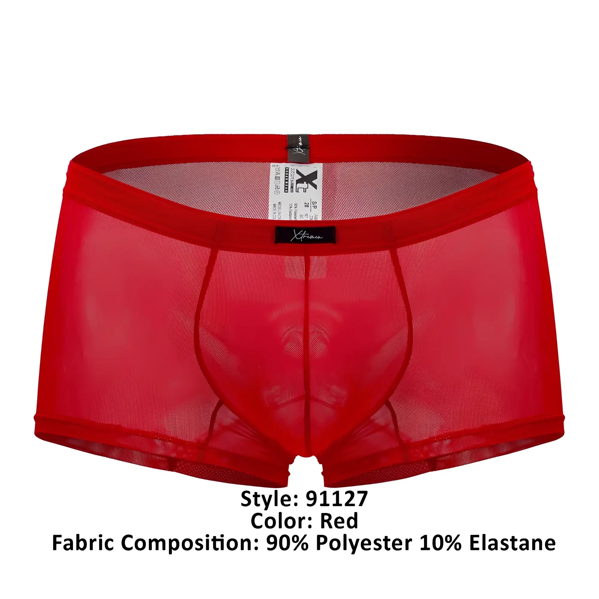 Red sheer mesh briefs xtremen 91127 mesh trunks with solid red waistband and black brand tags front view