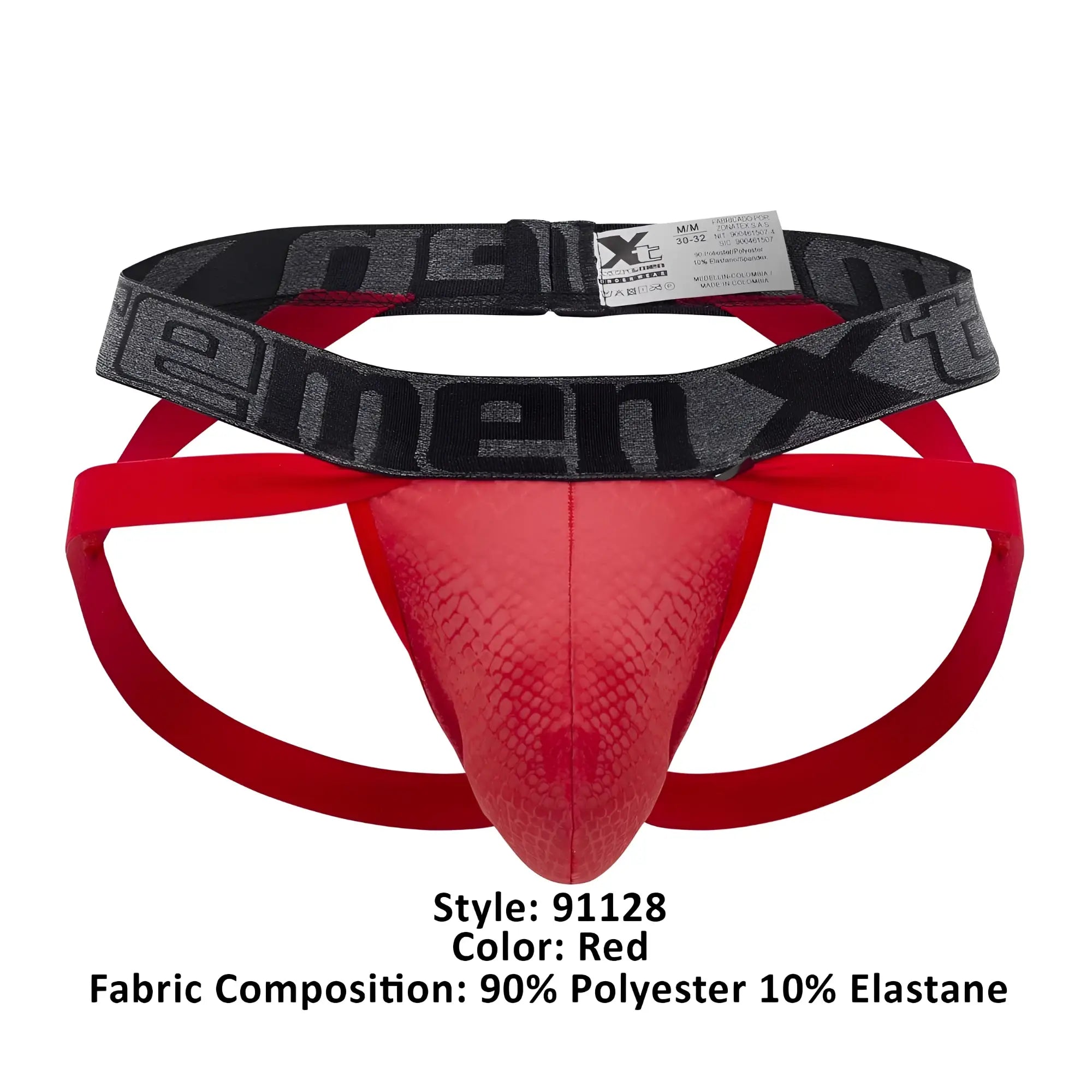 Red menxt xtremen 91128 snake print jockstrap with textured snake-skin front and black elastic waistband