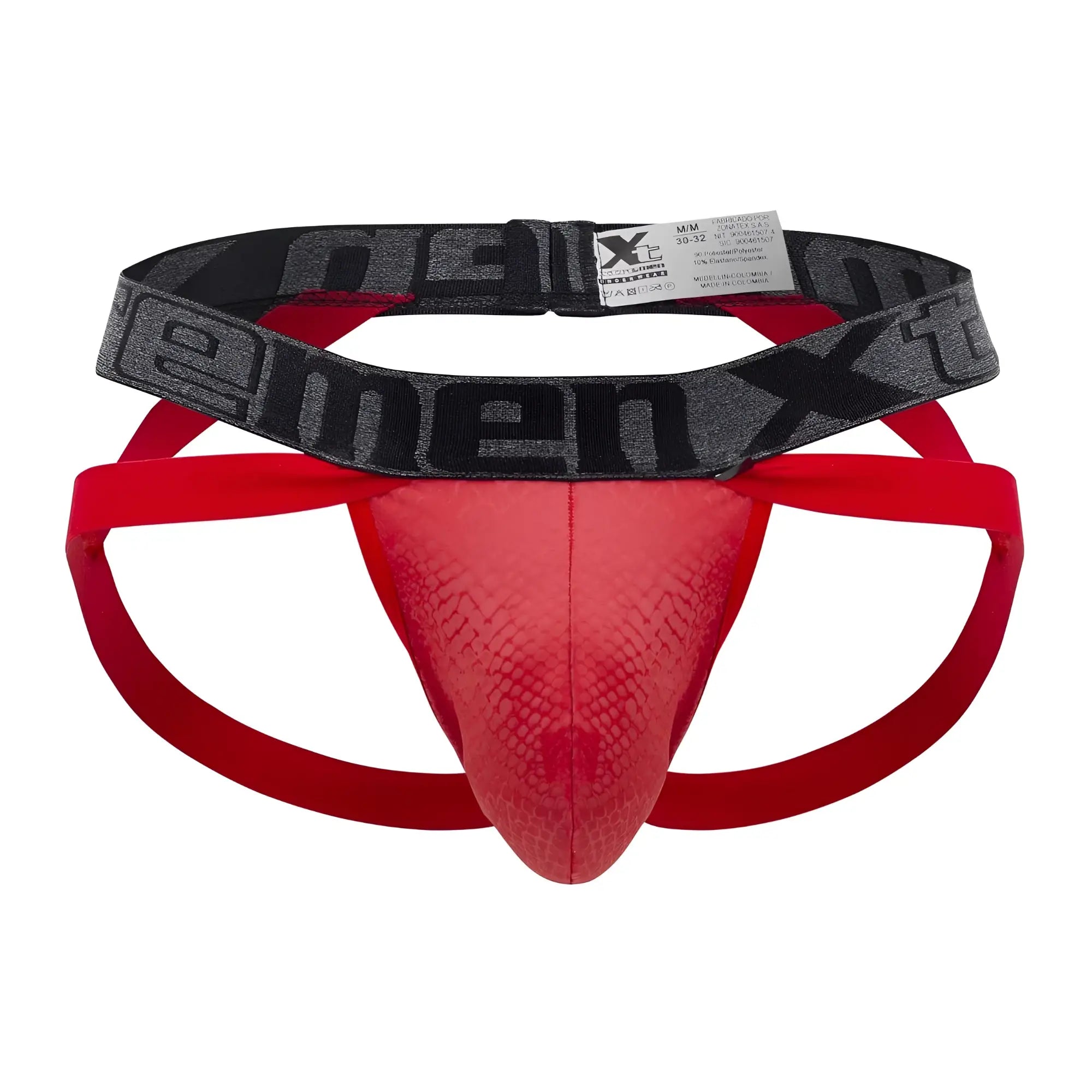 Red snakeskin-patterned men’s briefs with black elastic waistband and element x logo in xtremen 91128 style