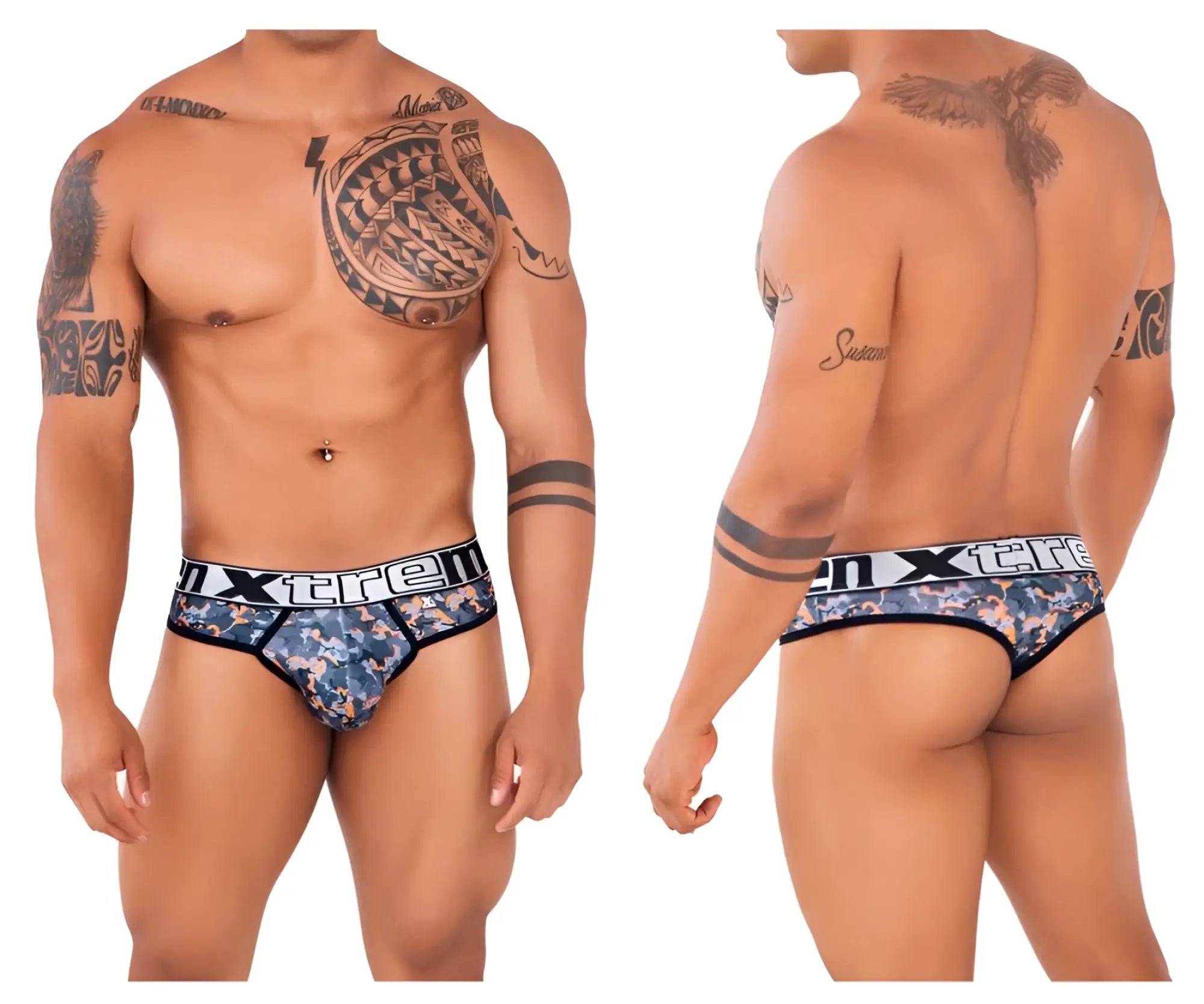 Blue and black camouflage patterned men’s briefs with white xtreme logo band from xtremen 91131 printed thongs