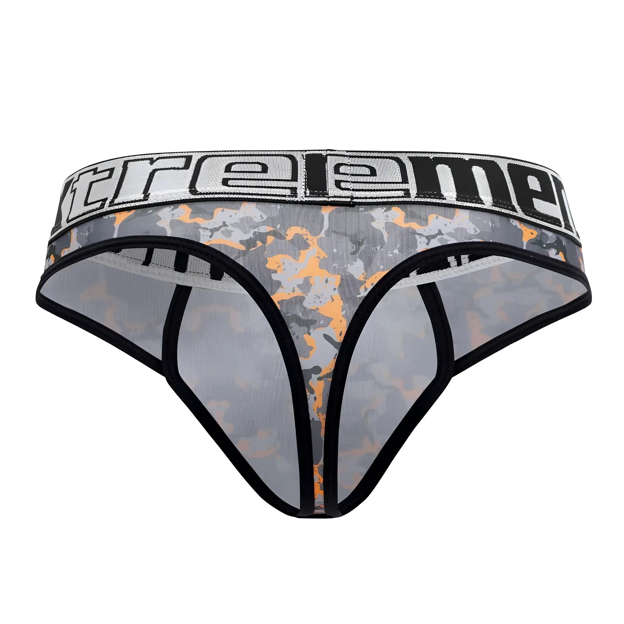 Xtremen 91131 printed thongs in gray and orange camouflage with black trim and xtremen branded waistband