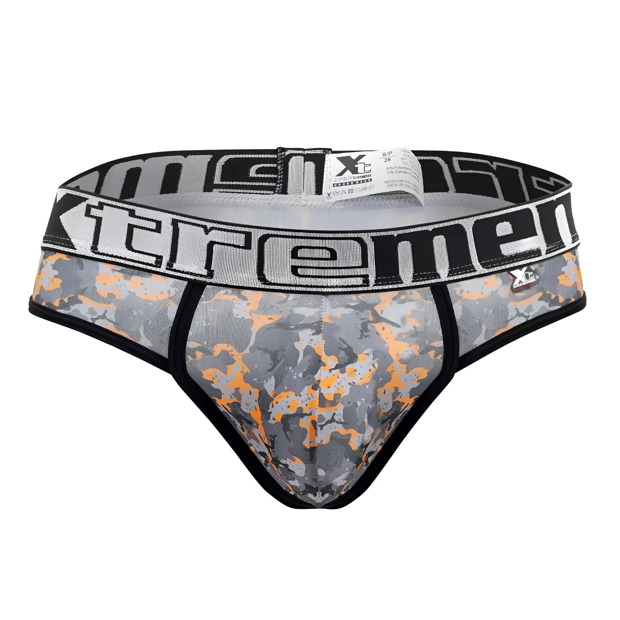 Men’s gray and orange camouflage briefs with black elastic waistband and xtremen brand name in bold white lettering