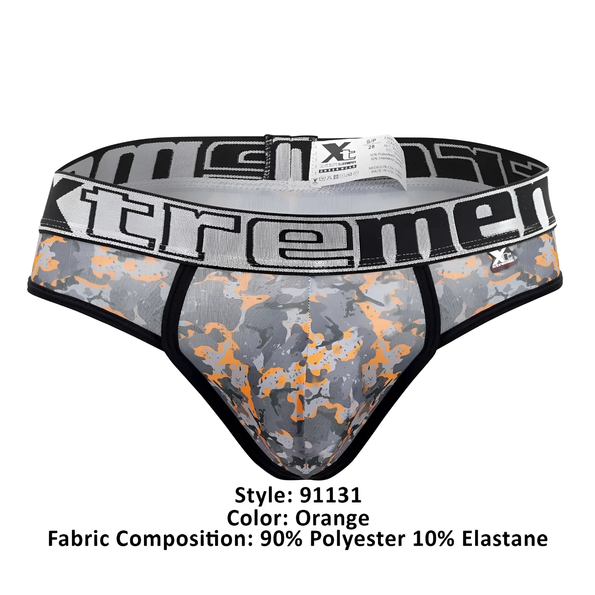 Gray and orange camouflage men’s briefs with black waistband featuring xtreme logo in xtremen 91131 printed thongs color orange
