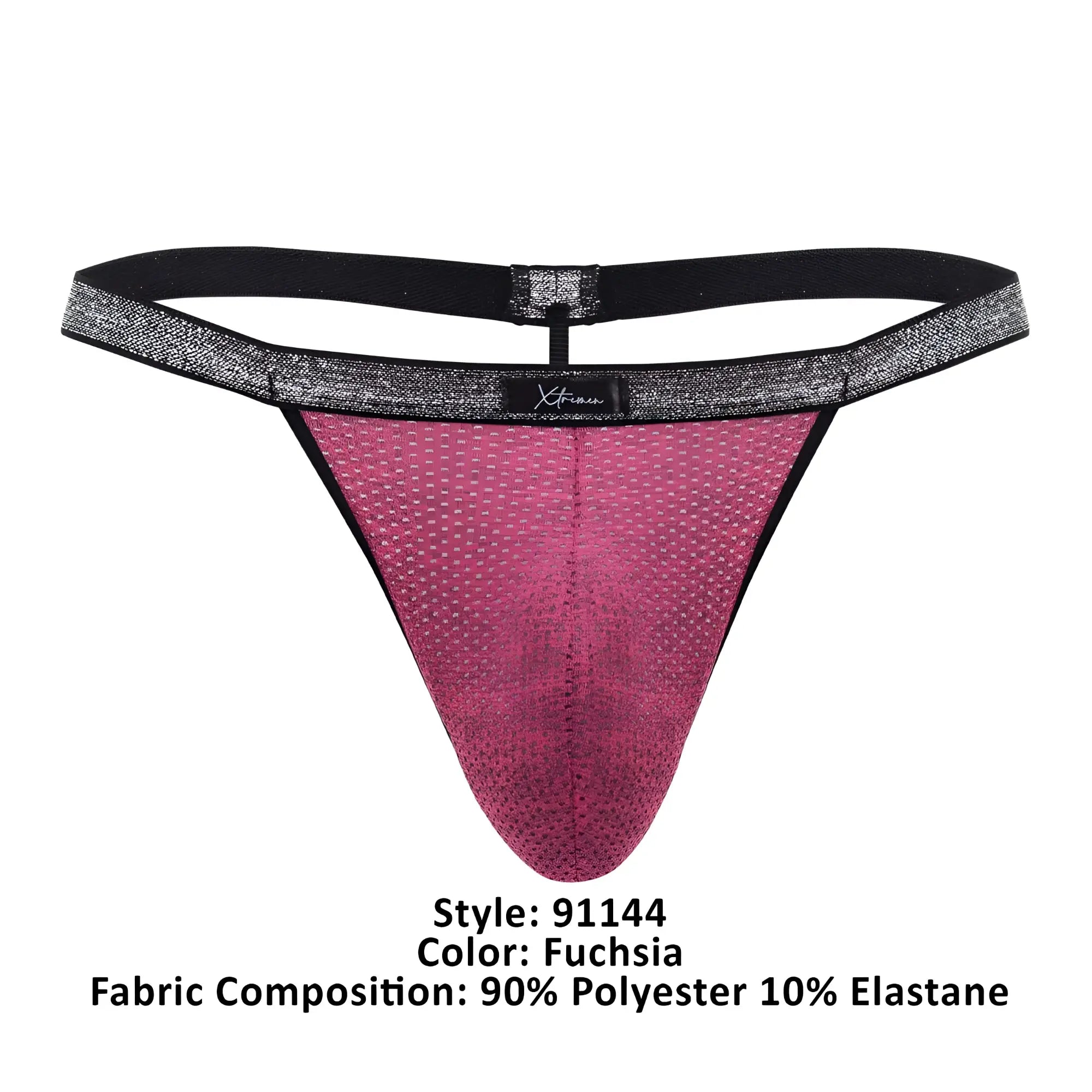 Fuchsia xtremen 91144 mesh g-string with textured glittery fabric and black elastic waistband featuring brand label