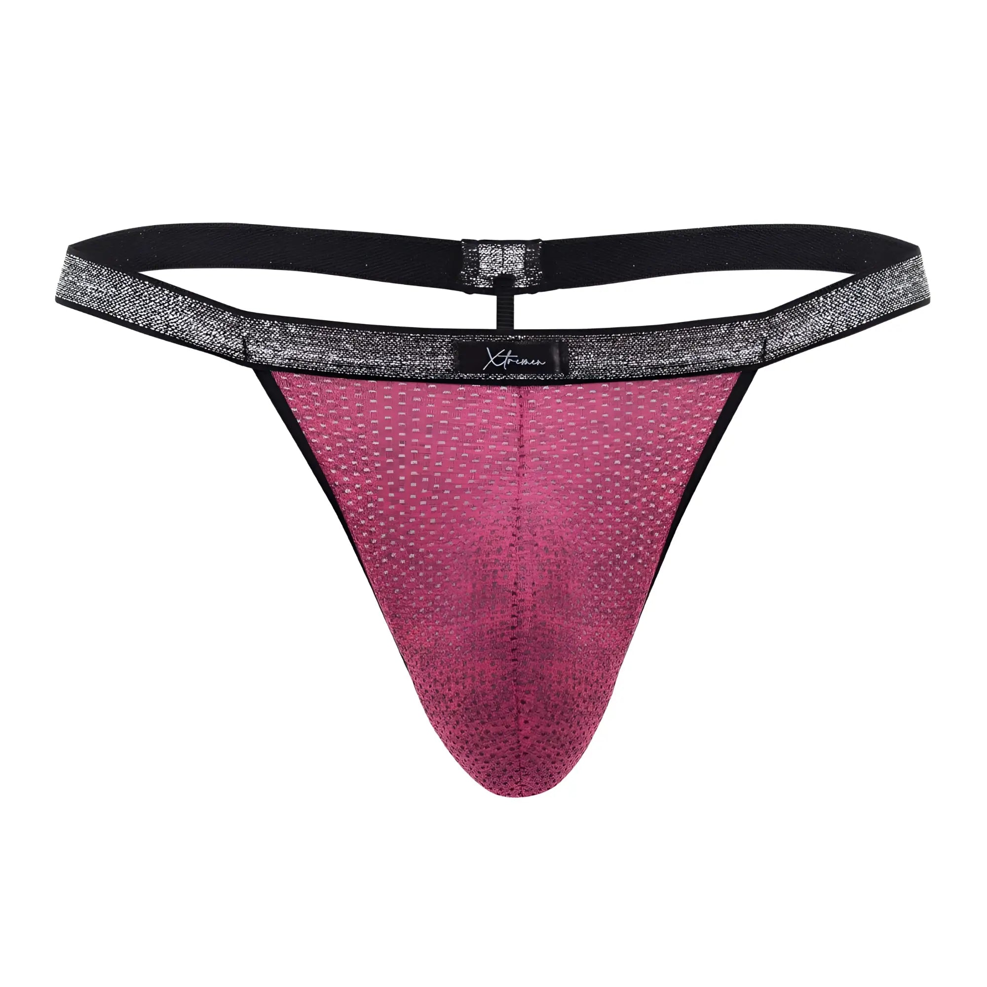 Pink mesh thong with black elastic waistband and silver glitter trim xtremen 91144 mesh g-string fuchsia