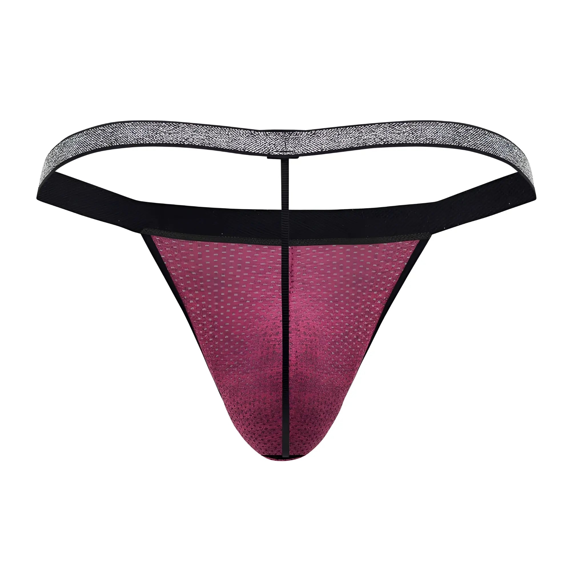 Xtremen 91144 mesh g-string in fuchsia with gradient magenta mesh, black elastic waistband, and silver textured band
