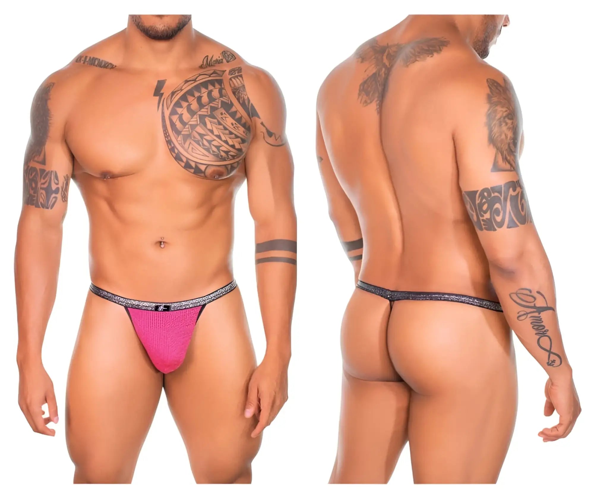 Xtremen 91144 mesh g-string briefs in vibrant fuchsia with textured fabric and black silver patterned waistband