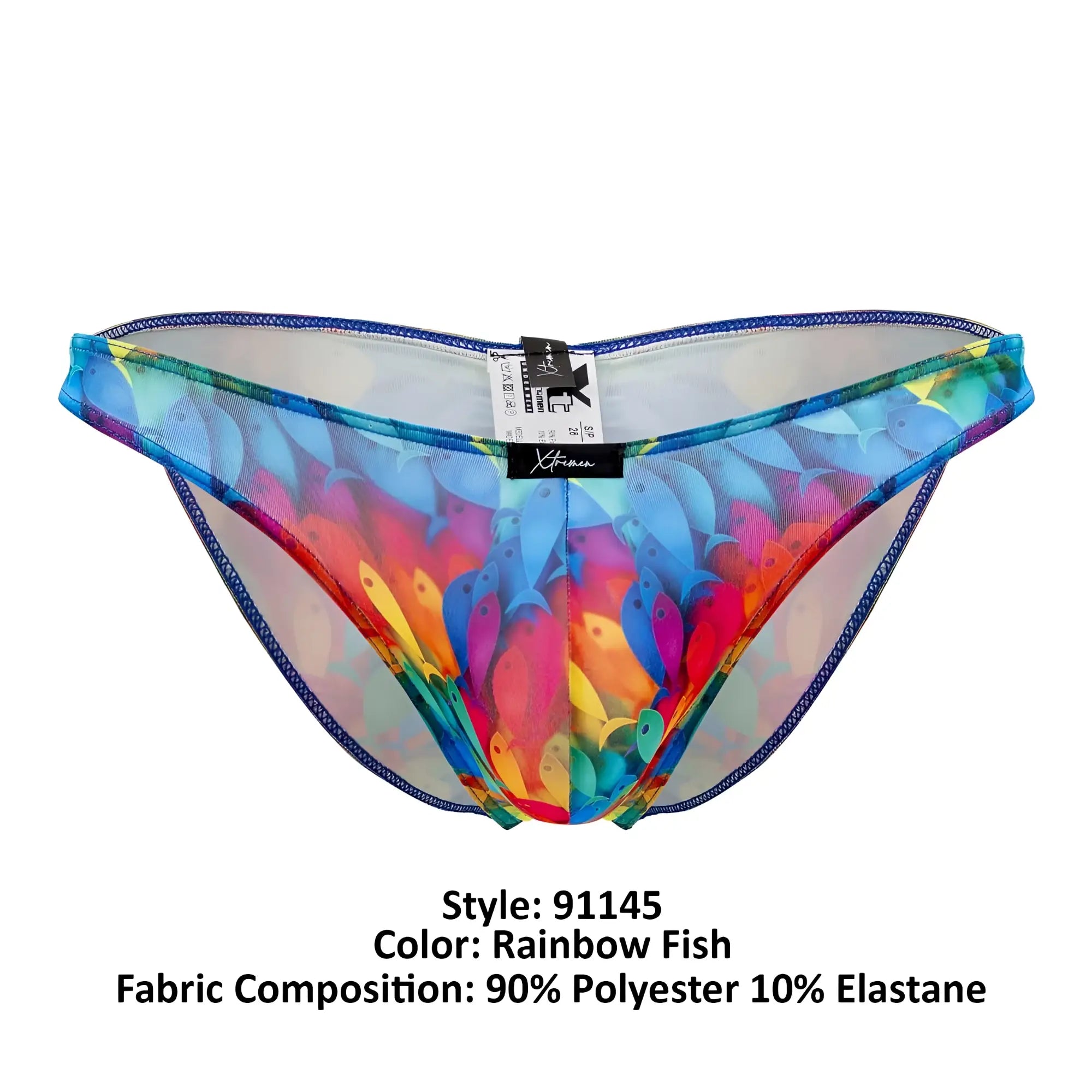 Rainbow fish-patterned transparent mesh microfiber bikini bottom with blue trim and black xtremen brand tag