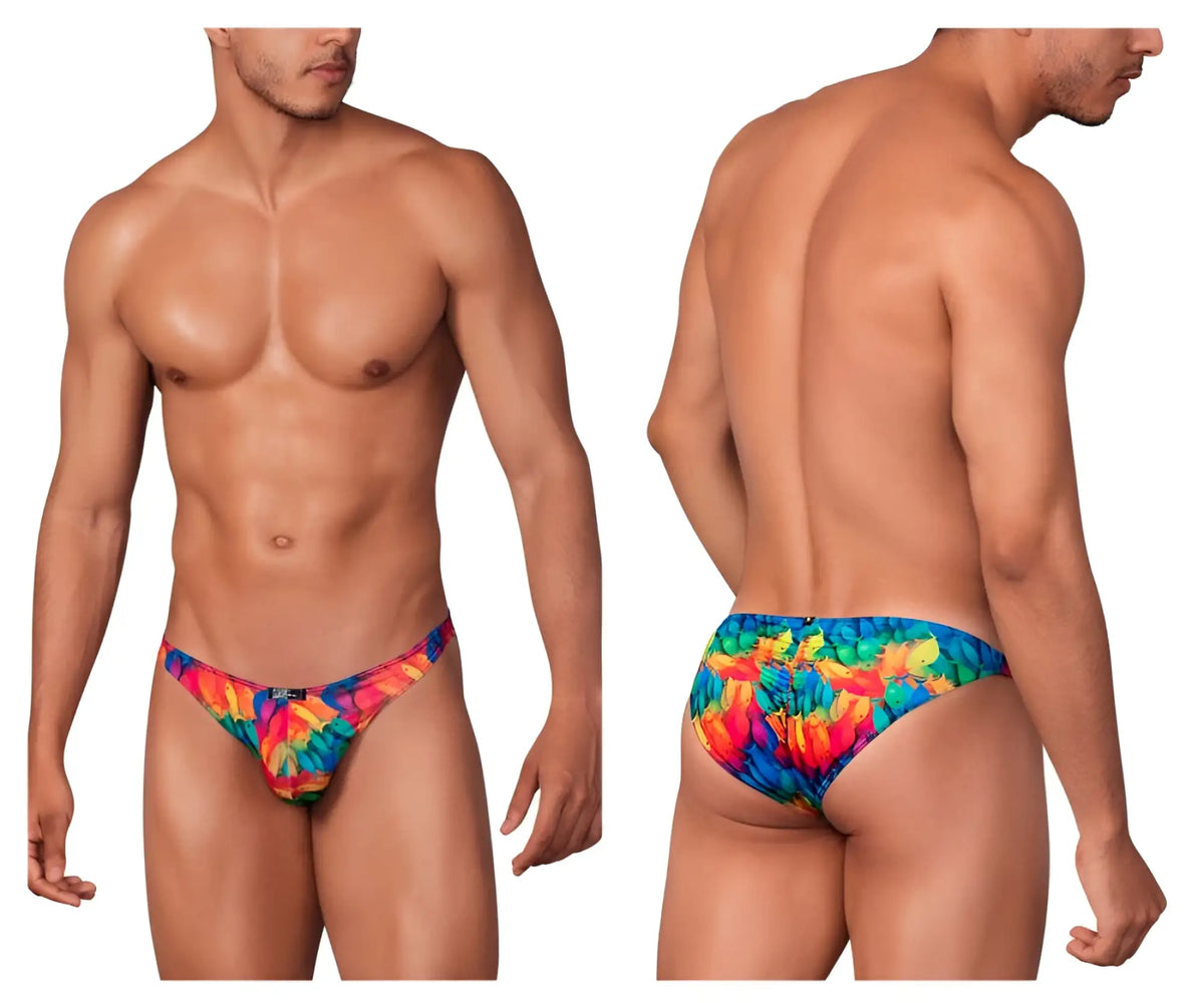 Xtremen 91145 printed microfiber bikini swim trunks with vibrant rainbow tie-dye pattern for men