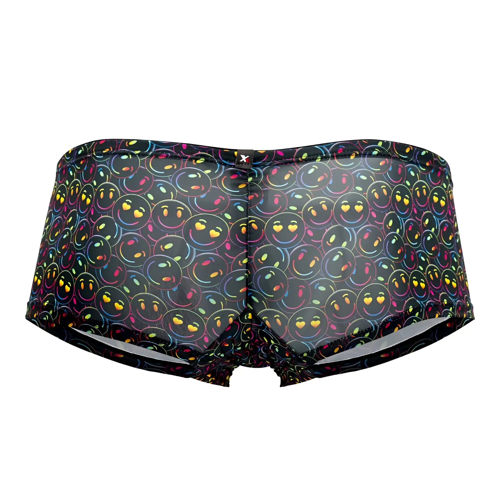 Black mesh briefs xtremen 91147 with vibrant rainbow outlined smiley faces and yellow hearts print microfiber trunks