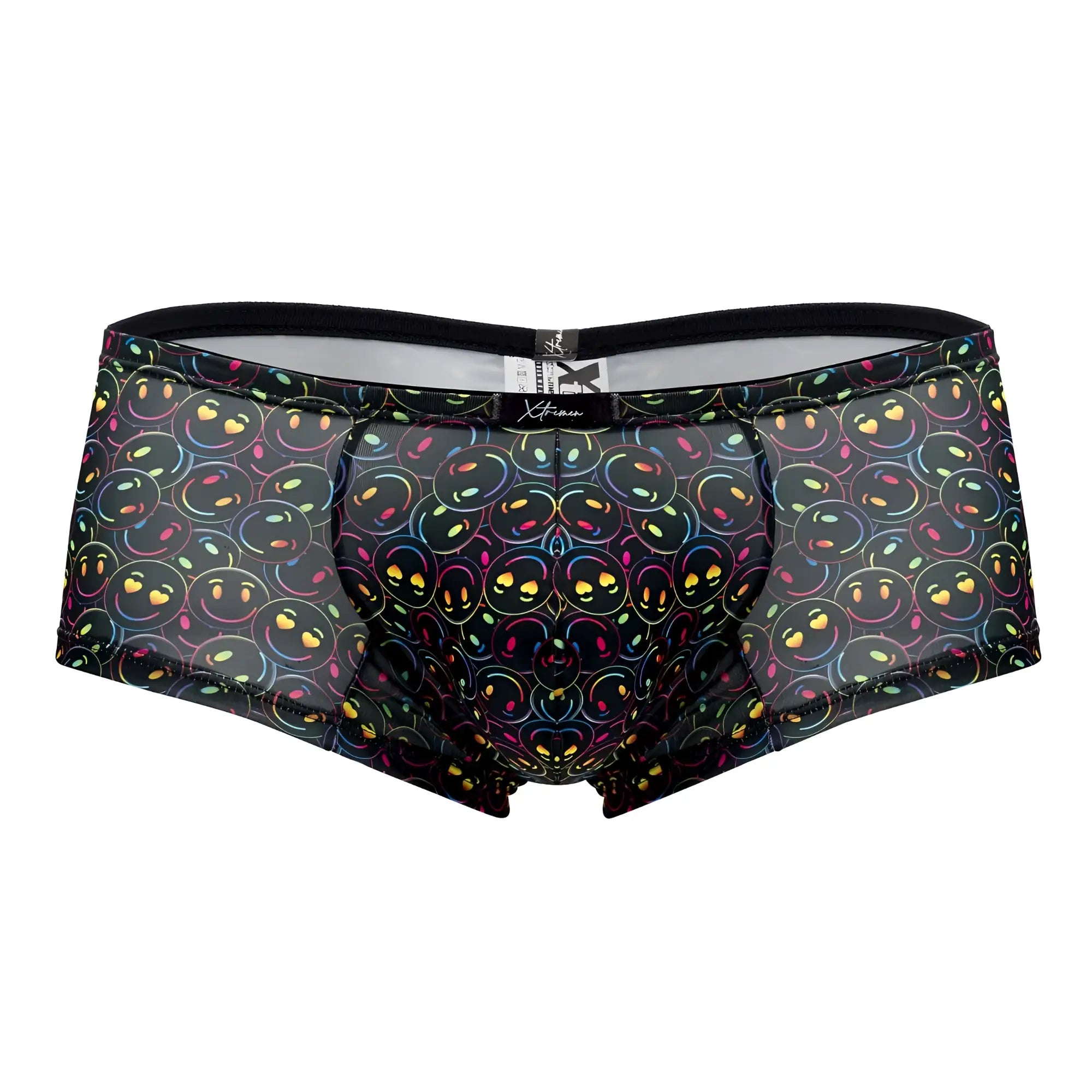 Xtremen 91147 printed microfiber trunks in black mesh with a vibrant rainbow smiley face pattern