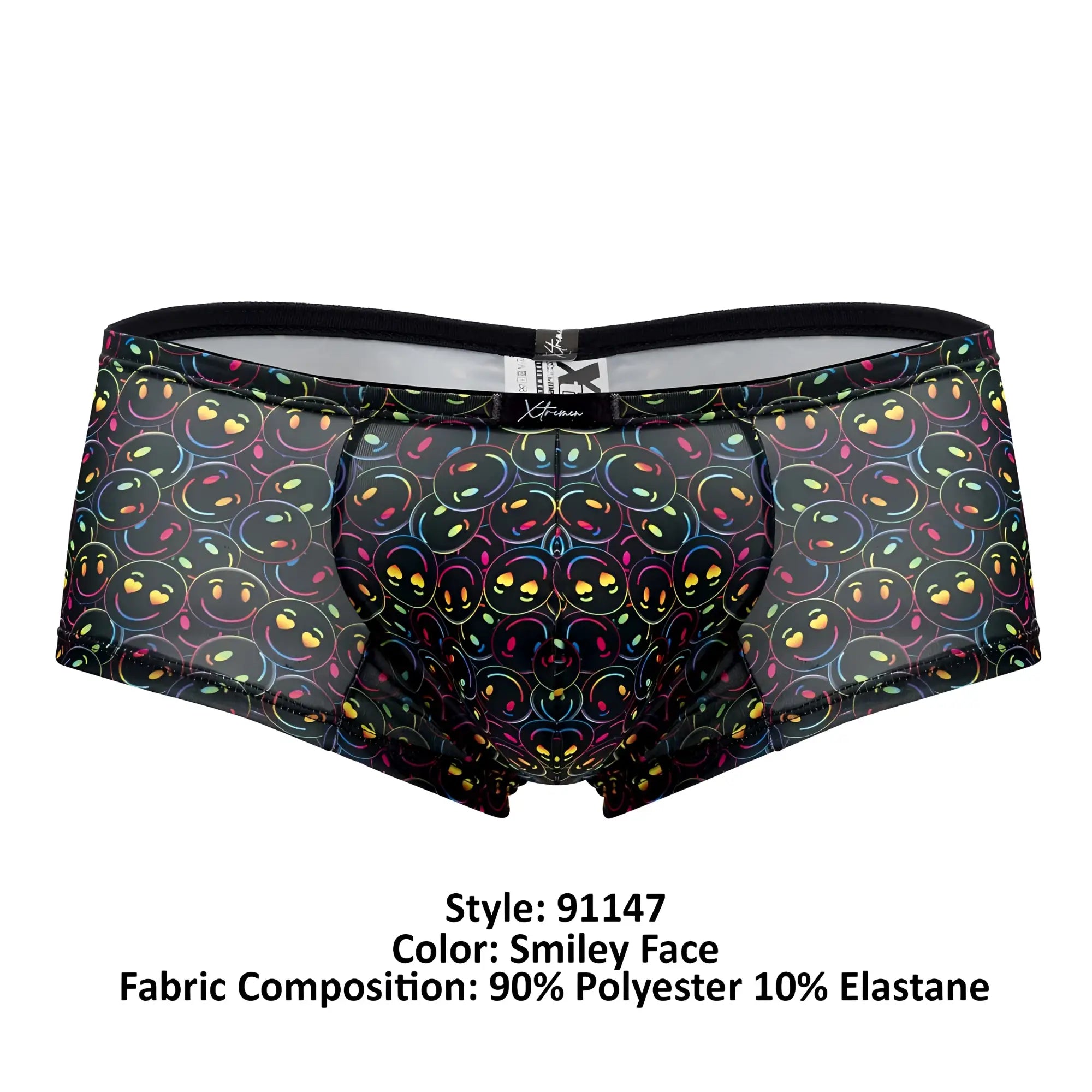 Xtremen 91147 printed microfiber trunks in black sheer fabric with vibrant rainbow smiley face pattern and yellow eyes hearts
