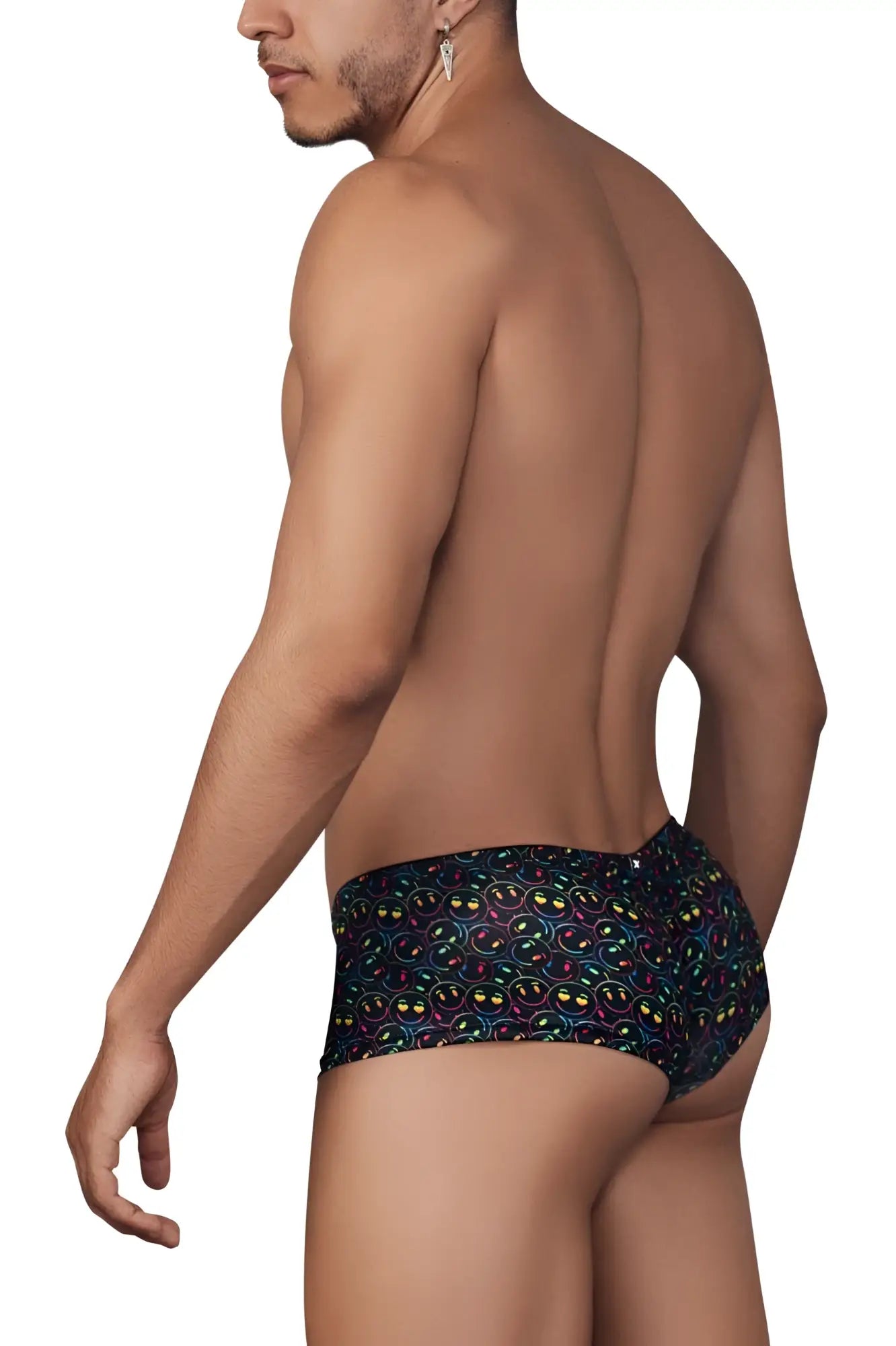 Black Xtremen 91147 printed microfiber swim trunks with vibrant glowing rainbow smiley face pattern