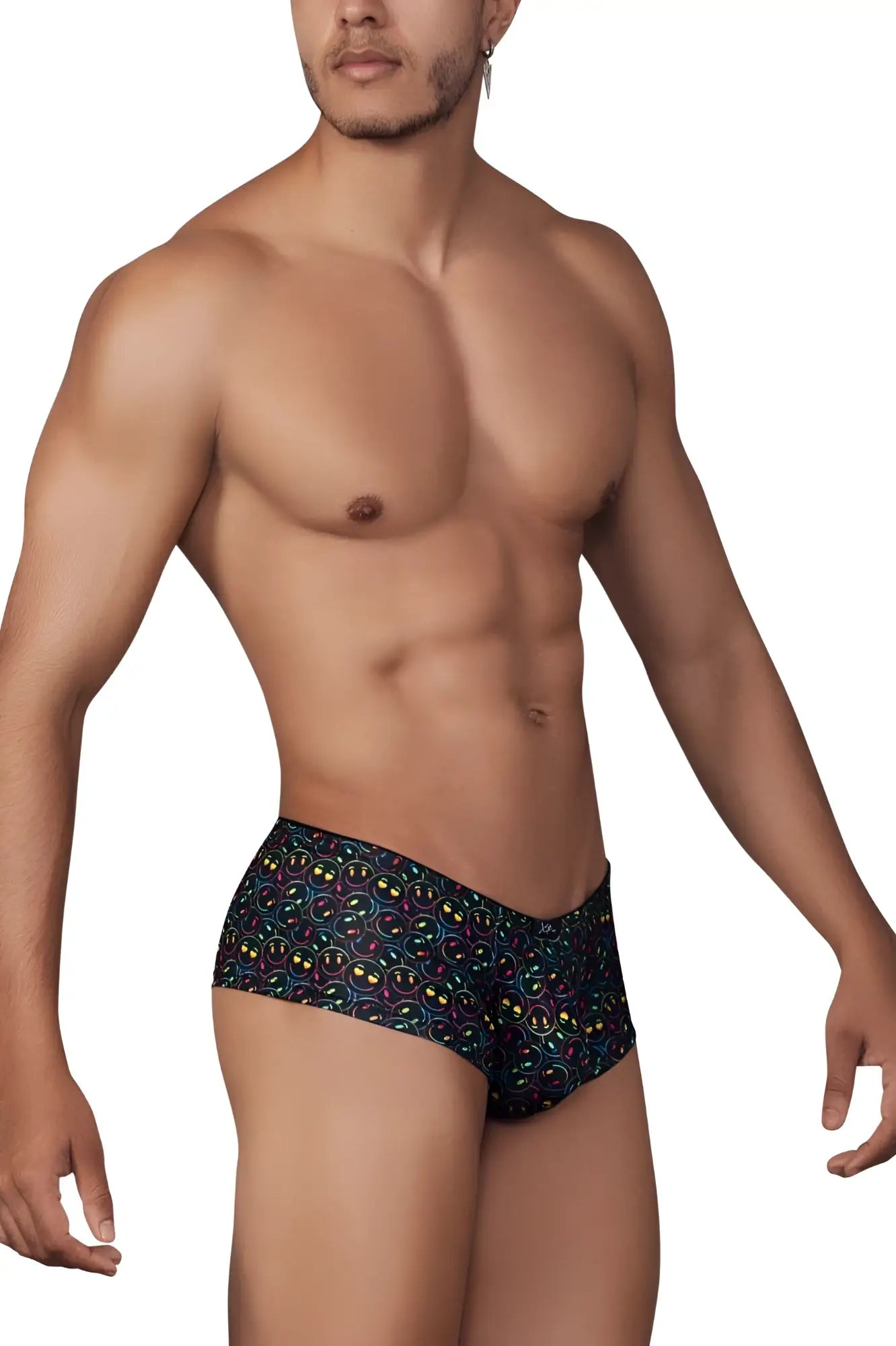 Black microfiber Xtremen 91147 printed trunks featuring colorful smiley faces with rainbow outlines pattern