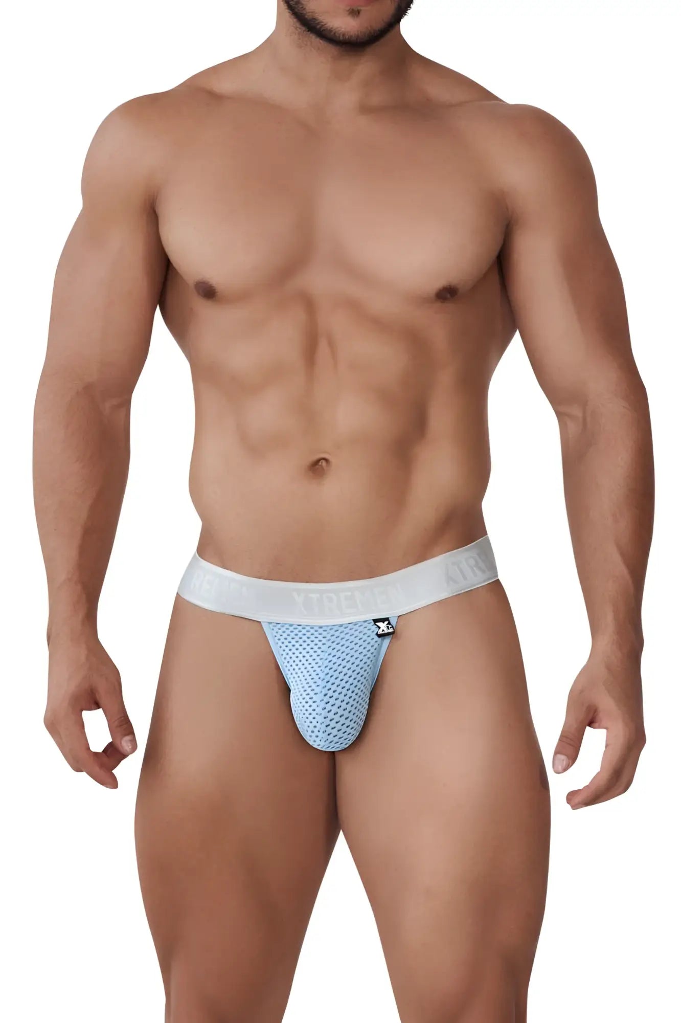 Light blue mesh Xtremen 91156 Capriati bikini jockstrap with white waistband and brand logo