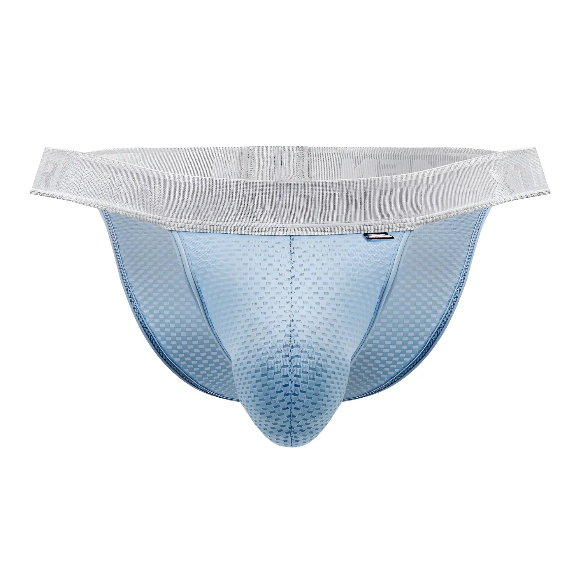 Light blue mesh textured men’s briefs with gray xtrememen logo waistband from xtremen 91156 capriati bikini series