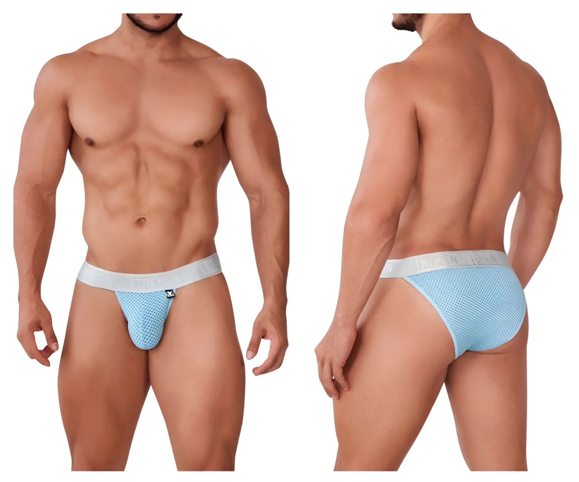 Light blue xtremen 91156 capriati bikini mesh briefs with white elastic waistband and brand logo