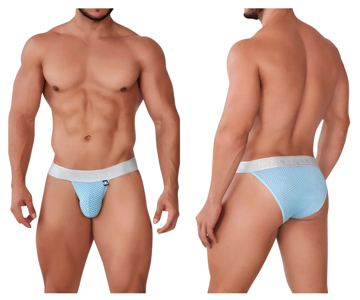 Light blue xtremen 91156 capriati bikini mesh briefs with white elastic waistband and brand logo