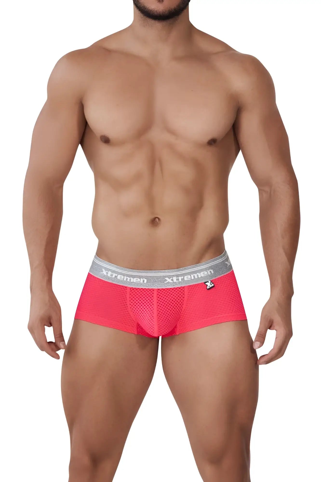 Xtremen 91158 Capriati trunks in bright pink mesh with gray waistband featuring the Xtremen brand name and logo