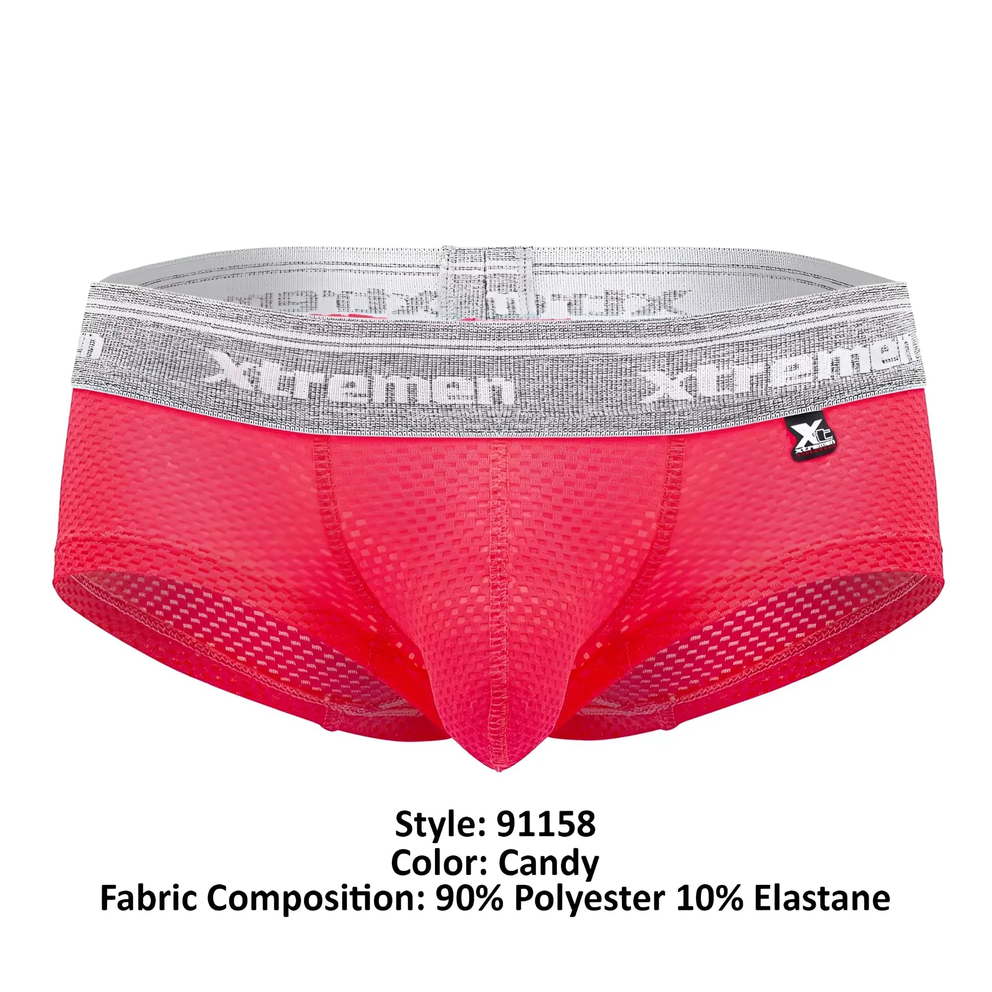 Candy red mesh men’s underwear trunks with gray xtremen waistband and xl logo tag in xtremen 91158 capriati color candy